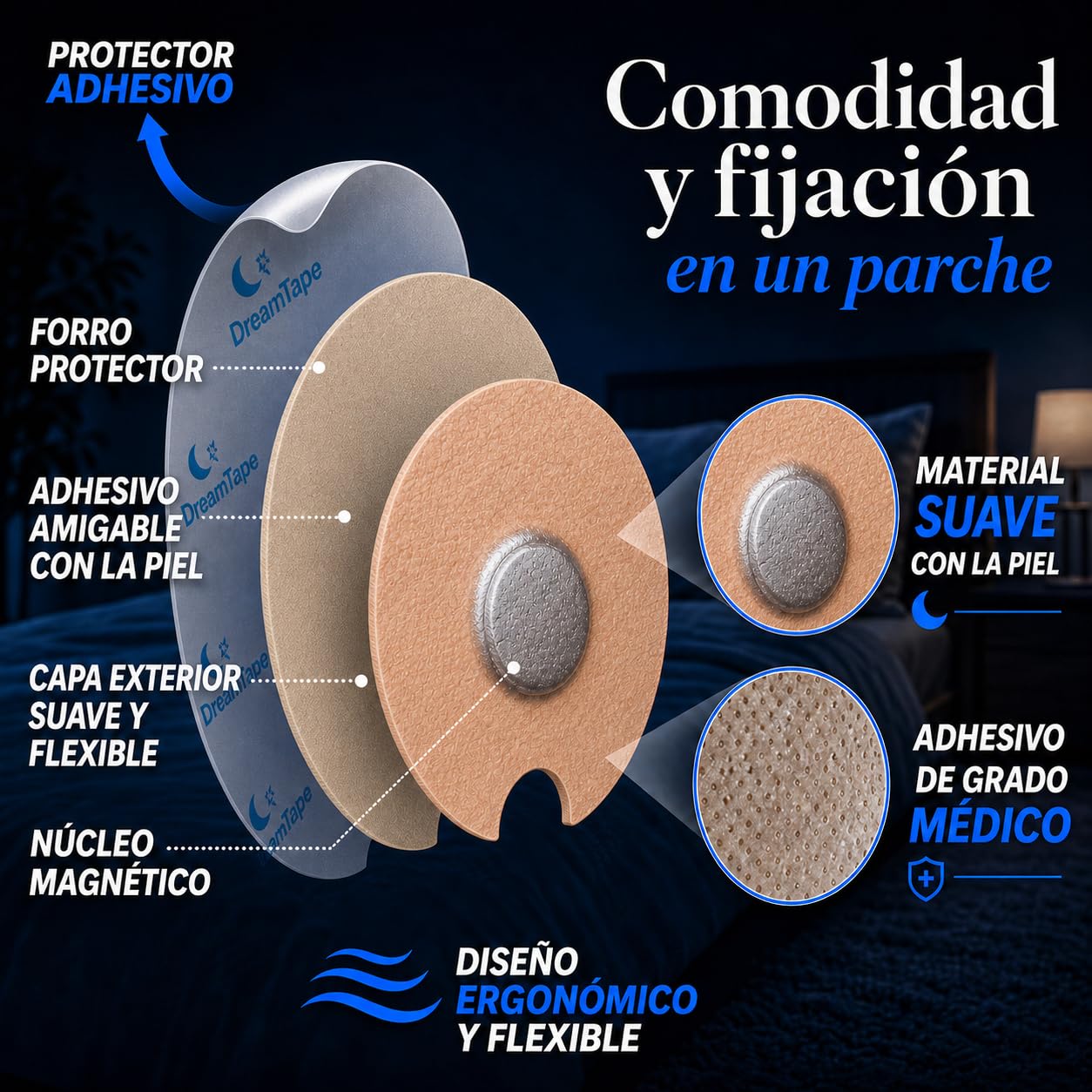 DreamTape® 60 Adhesivos Premium Médicos con Imán para Tiras Nasales Magnéticas – Parches Magnéticos Nasales Repuestos – Pegatinas para Banda Magnética Nariz – Antirronquidos – 30 Usos