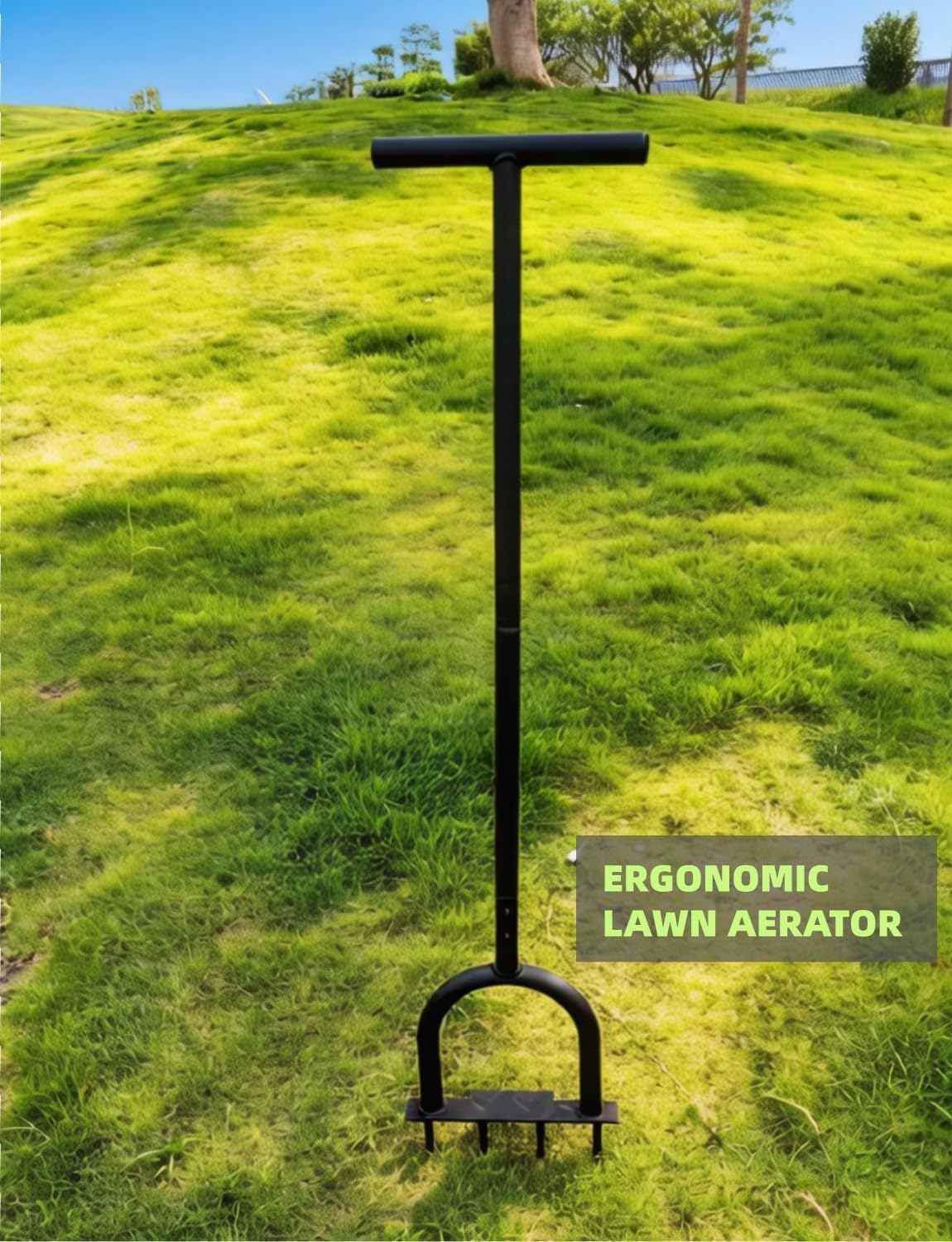 Manueller Rasenlüfter Aerifizierer für verdichtete Böden | Rasenspecht mit 4 Hohlspoons & rutschfestem T-Griff | 96 cm, Stahl (Rasenbelüfter, Rasen belüften)