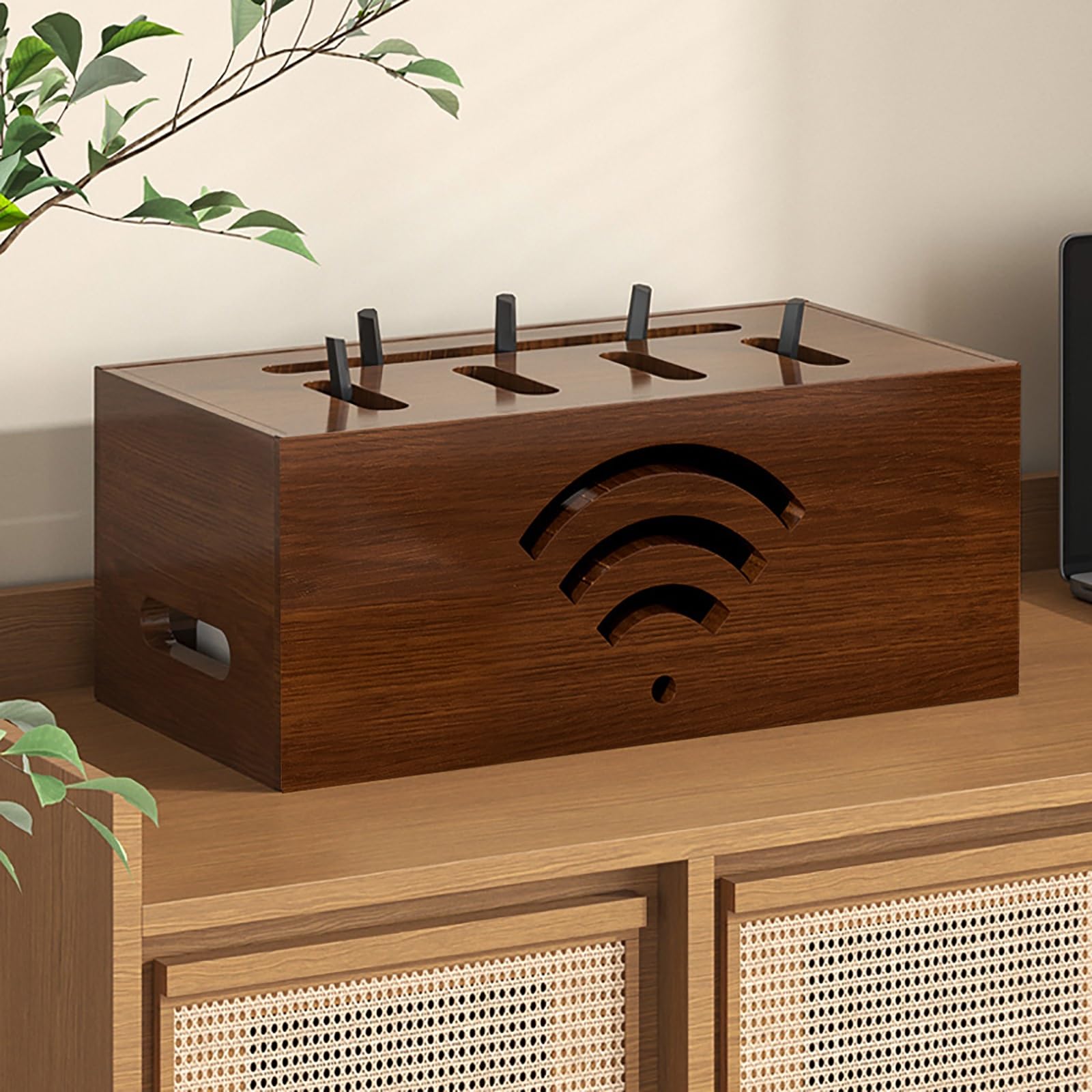 Drewniany router biurkowy Sto Box, router WiFi, szafka domowa z wentylacją, rozpraszaniem ciepła i kablem, brązowy (32 cm / 12.6in)