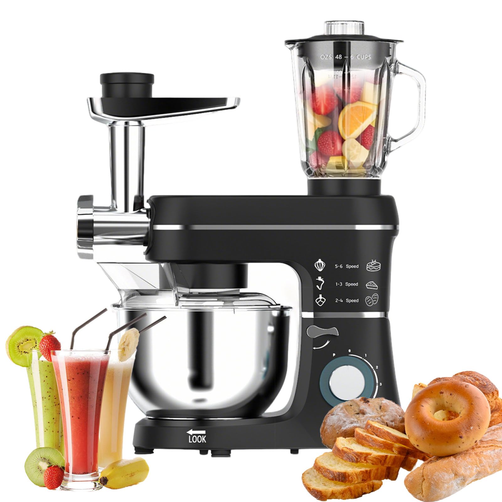 5 en 1 Robot de Cocina – 1400W – con Picadora de Carne, 1,5L Batidora de Vaso, Accesorios – Batidora Amasadora con Bol 10L, Batidor, Gancho Amasador, Gancho para Mezclar Black