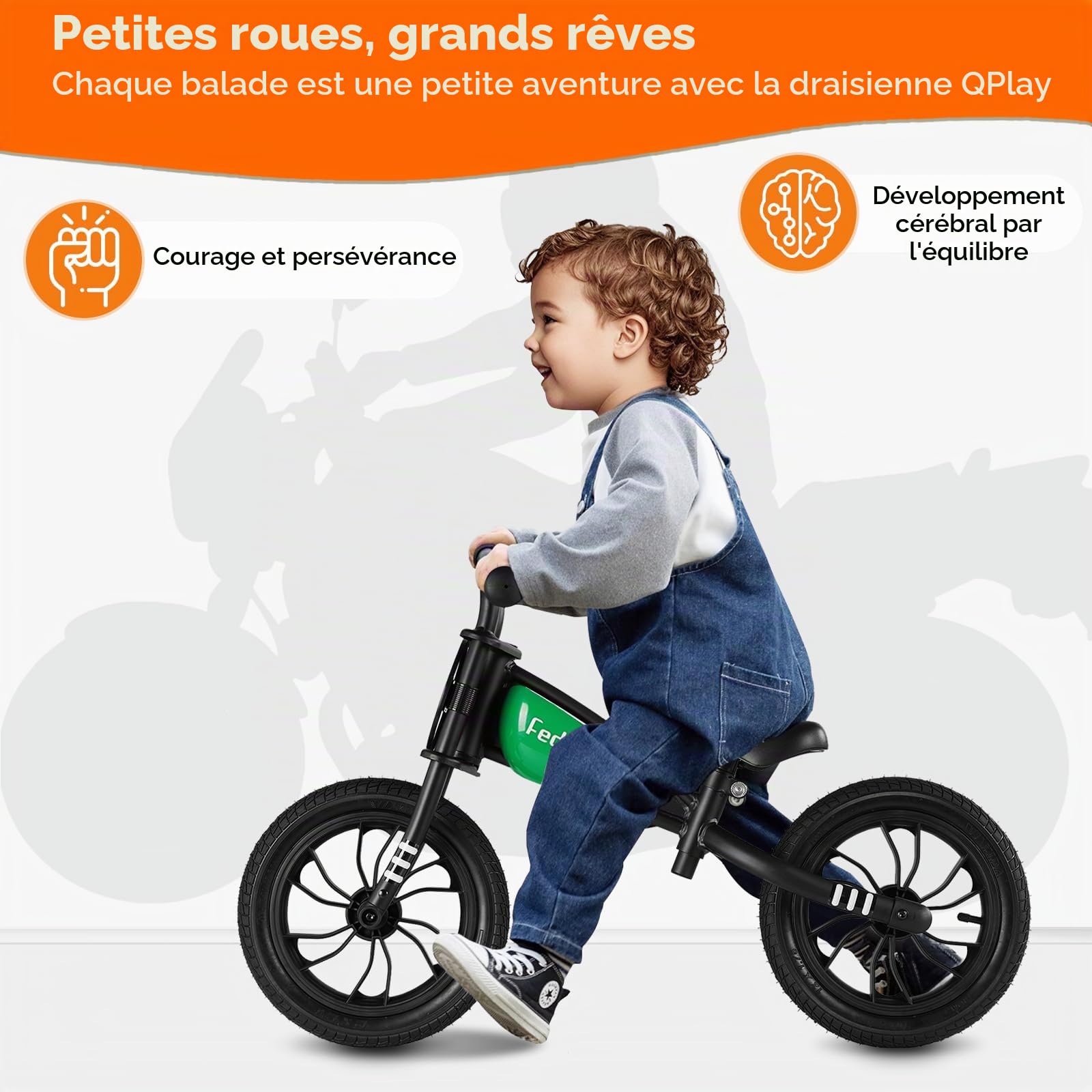 QPLAY Draisiennes pour enfants garçons et filles âgés de 3 à 6 ans, vélo d'équilibre sans pédale de 30,5 cm avec siège réglable – Jouet cadeau de style course
