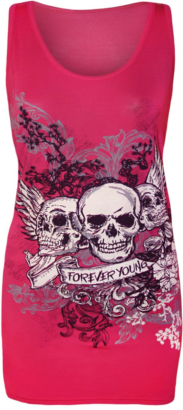 Wearall Women's Cerise Skull Forever Young Print Racer Back Sleeveless Vest Top - 12-14