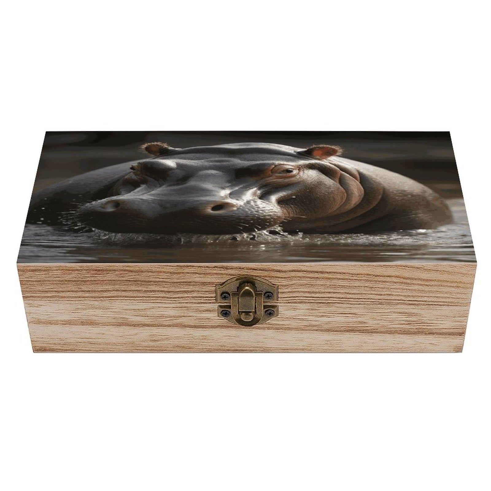 Btcowzrv Style Hippo Wooden Storage Box, Keepsake Box With Hinged And Retro Lock, Wood Jewelry Organizer For Photos & Mementos And Home Decor