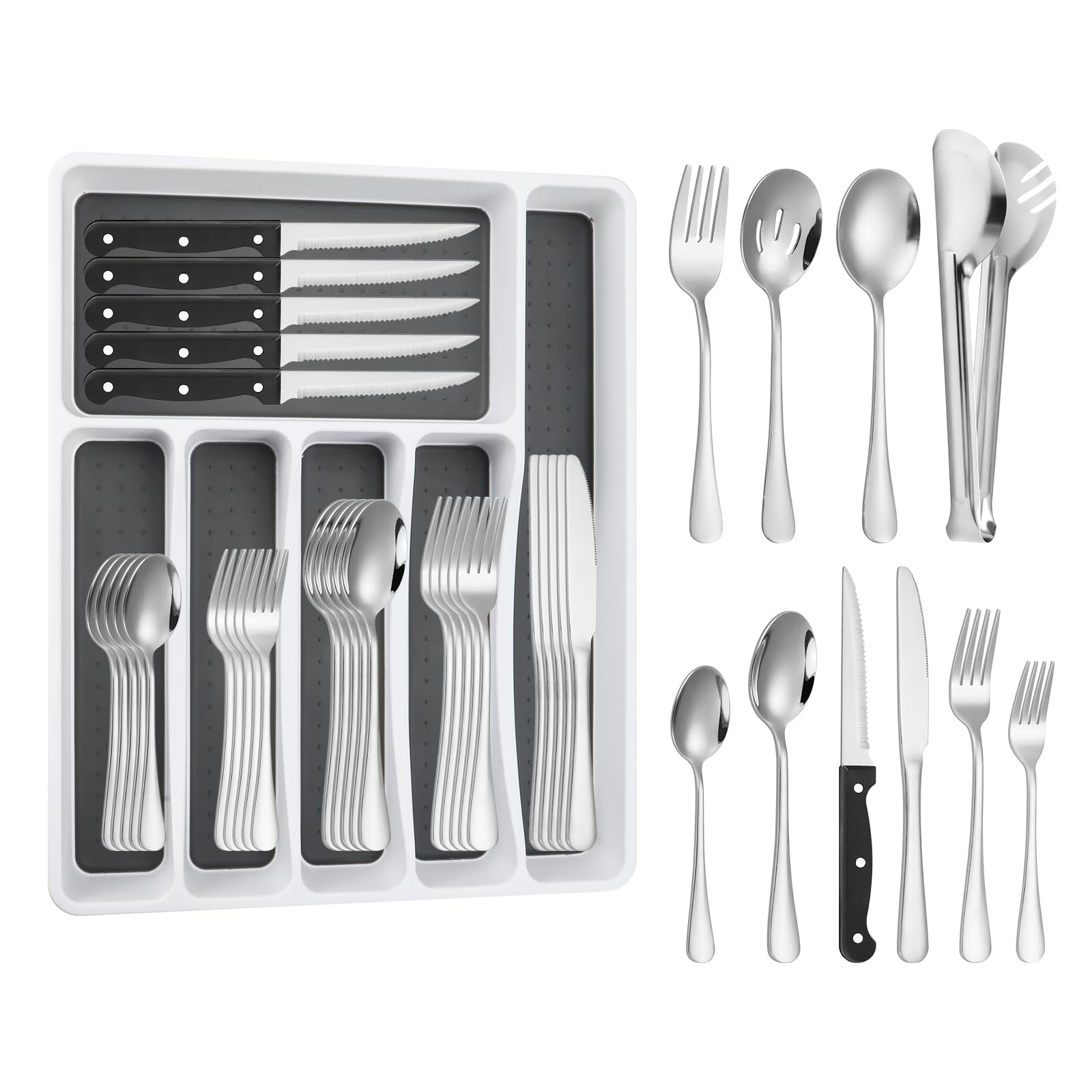 53PCS Silverware Set for 8 with Flatware Drawer Organizer, Stainless Steel Cutlery Set with Steak Knives, Include Spoons and Forks Set & Serving Utensils, Dishwasher Safe, Heavy Duty, Silver