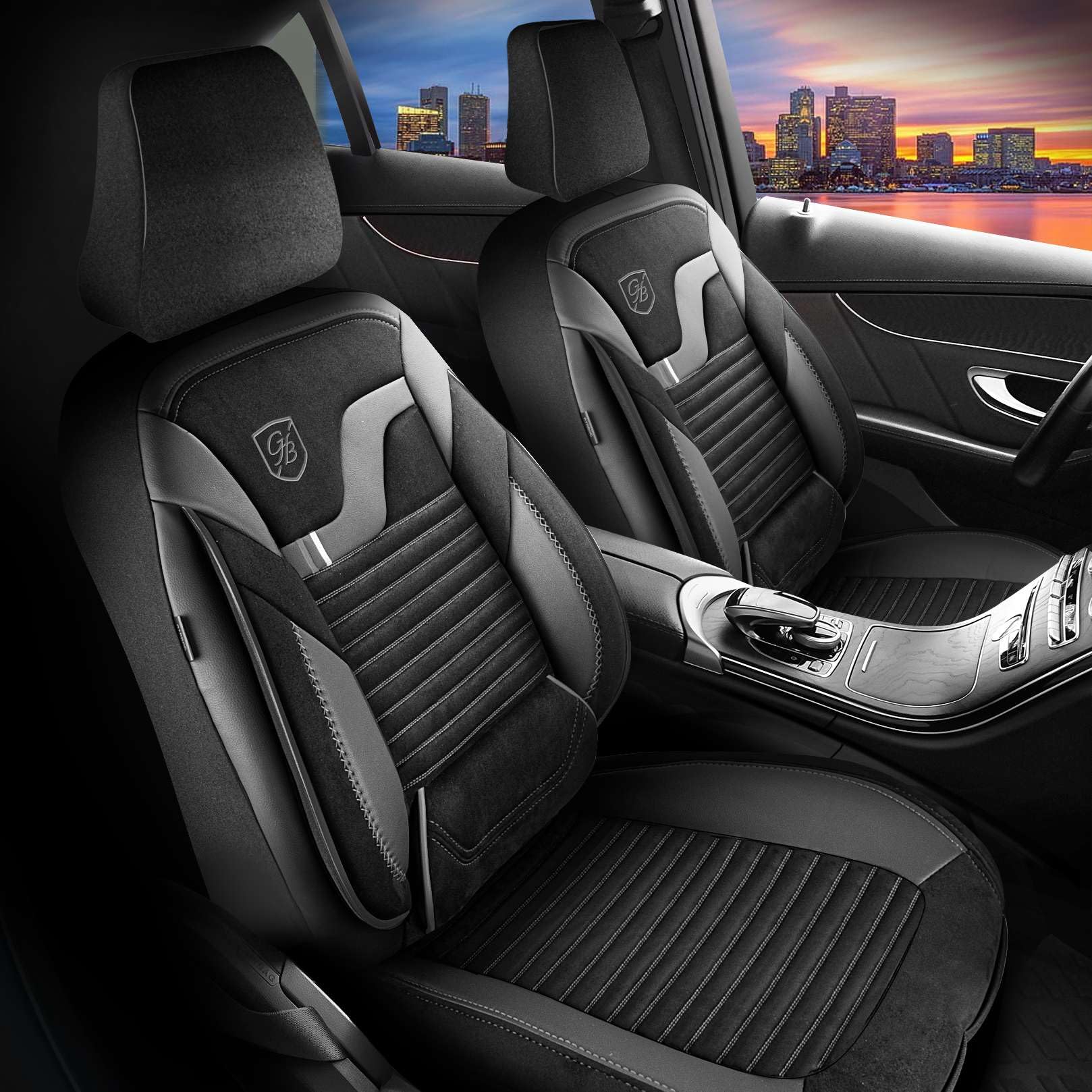 Housses de siège de voiture universelles pour voiture et SUV – Housses de siège avant premium de qualité supérieure en velours, noir/gris, compatibles avec airbag, protection de siège