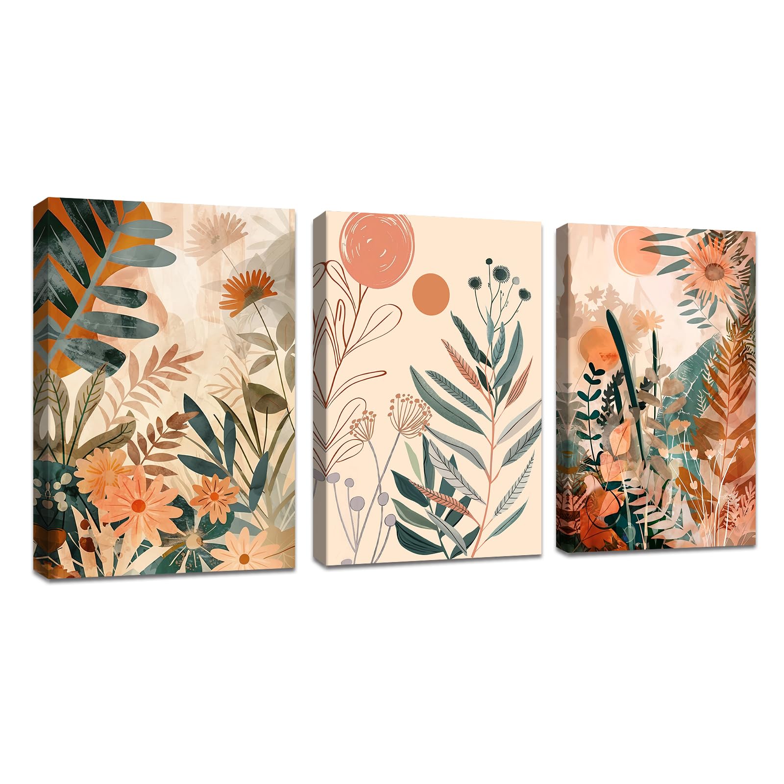 3Pcs Marco de Madera Cuadros decorativos Boho Naranja Moderno Planta Flor Cuadros Minimalista Planta lienzo decorativos Salón Dormitorio Comedor Oficina Decoración de Pared Listo para colgar 30x40cmx3