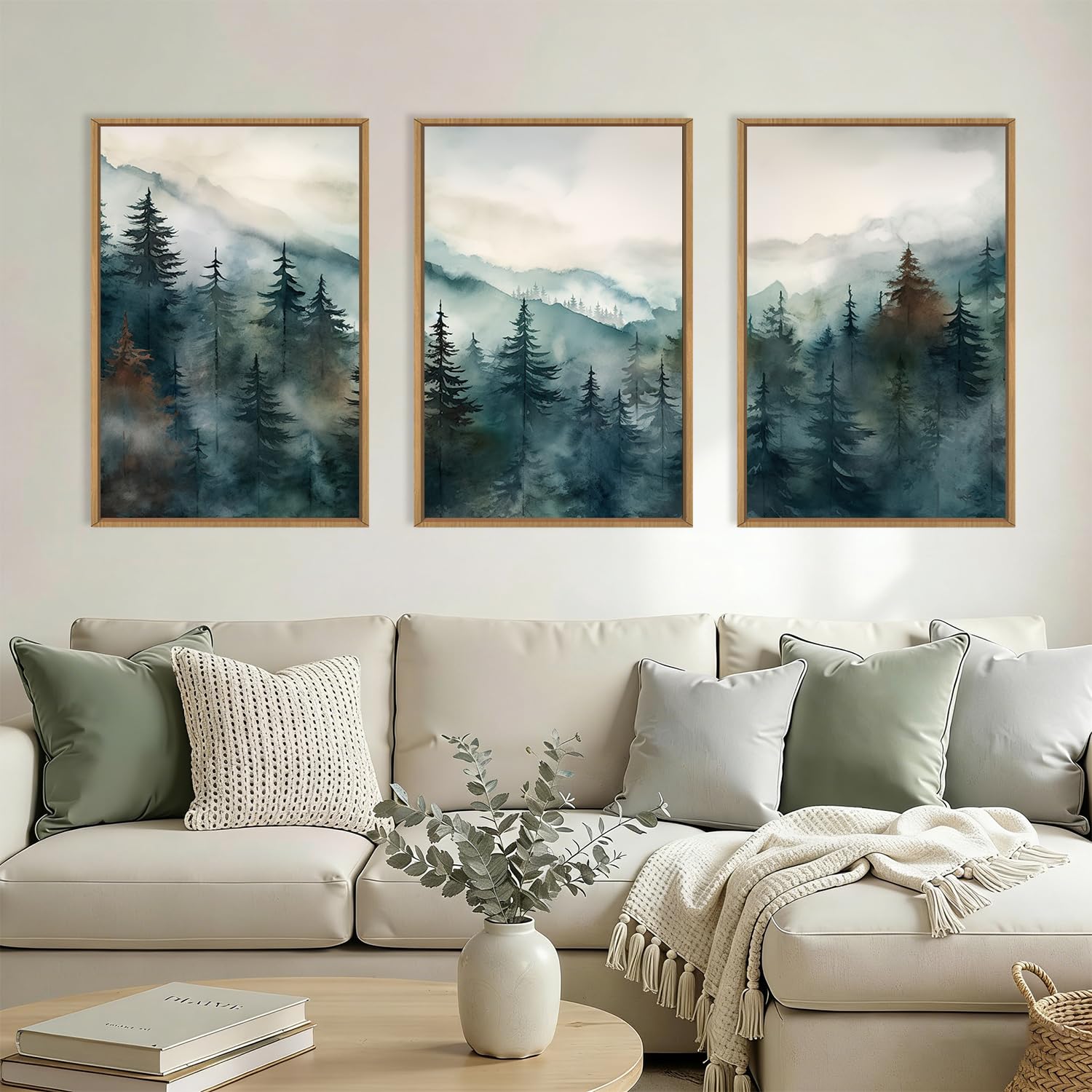 KAIRNE Watercolor Mountain Forest Framed Canvas Wall Art Set-24"x36"x3 | Misty Pine Tree Wall Decor,Foggy Dark Green Landscape Art Prints,Nature Scenery Artwork for Living Room,Bedroom,Office