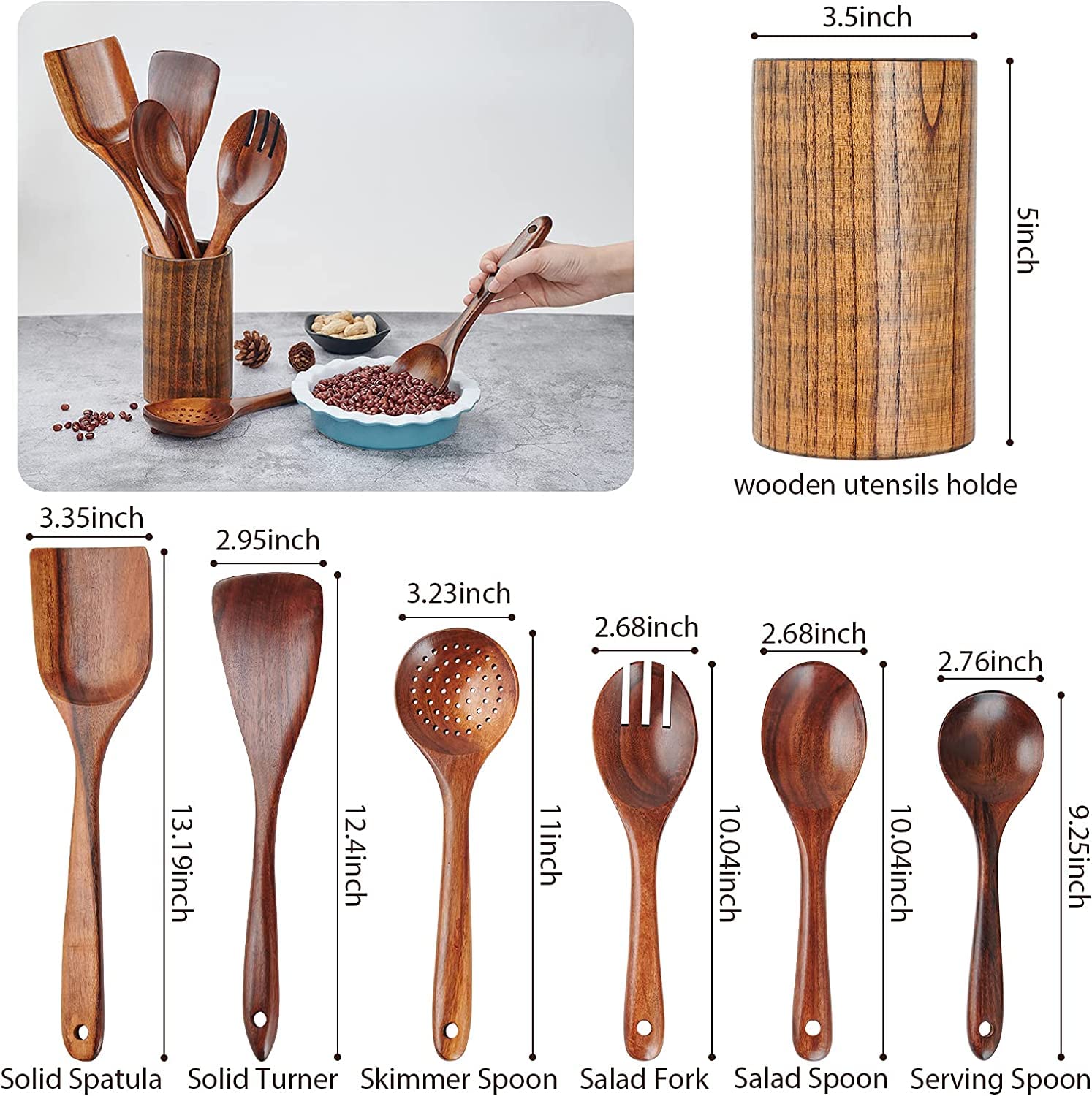 Holzutensilien-Set, 7 Stück, natürliche Teakholz-Löffel zum Kochen, Holzspatel und Löffel mit Halter