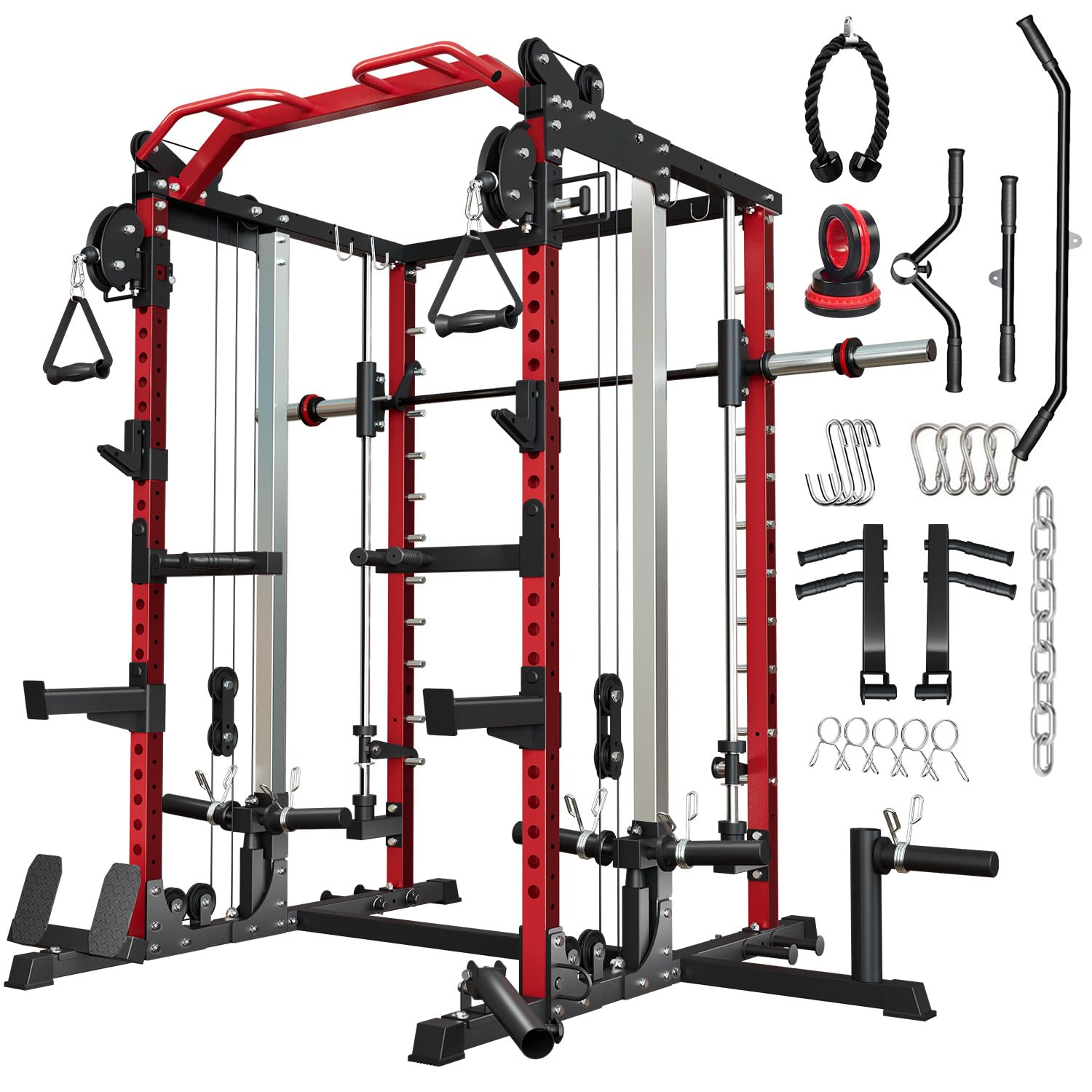 Smith Machine Home Gym, Multi-Function Power Cage with Dual Pulley Cable Crossover System, All-in-One Squat Rack with Smith Bar and Strength Training Attachments for Full-Body Workouts