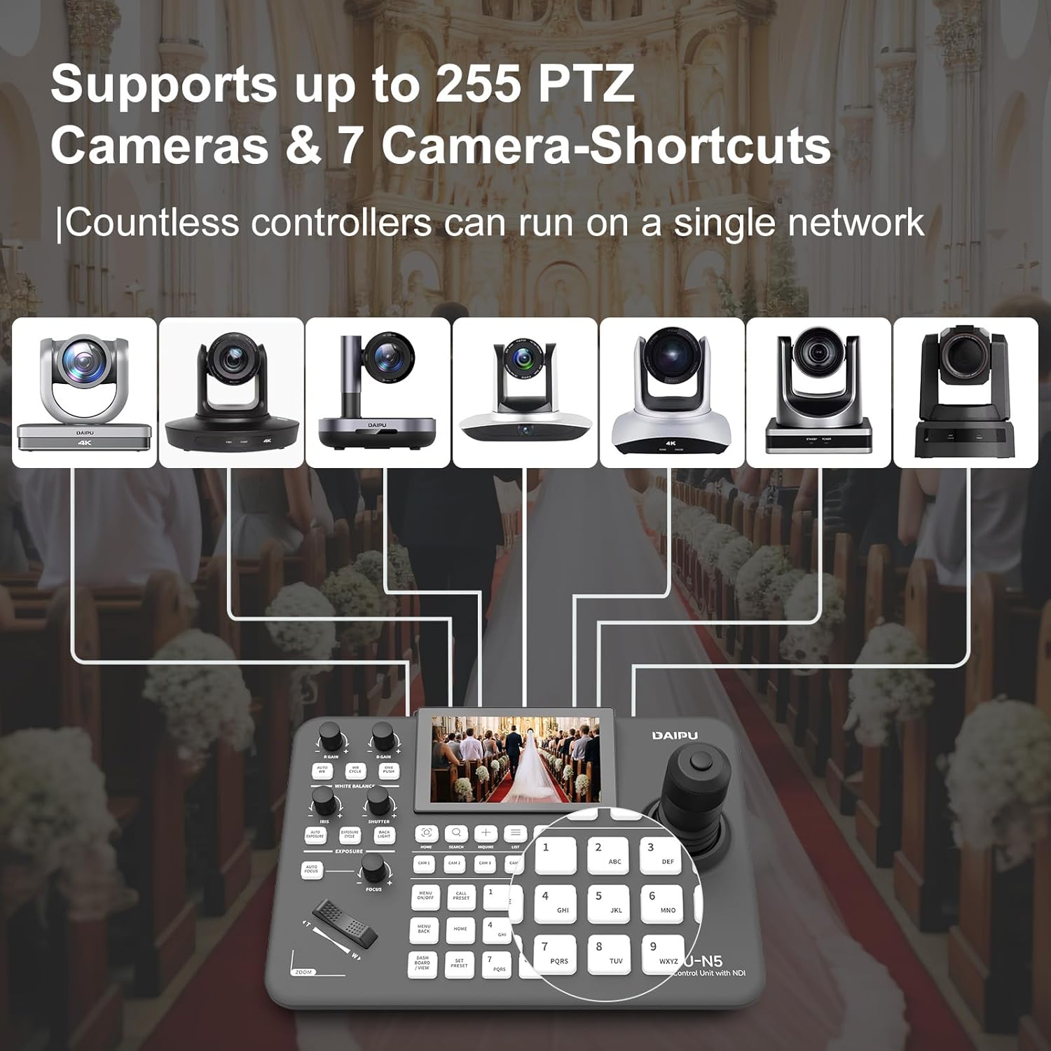 DAIPU PTZ Camera Controller with 5-Inch LCD Screen 4D Joystick LAN RS232 RJ45 RS485/422 DC12V Professional Control Keyboard for Church Worship Live Streaming Video Conference Events