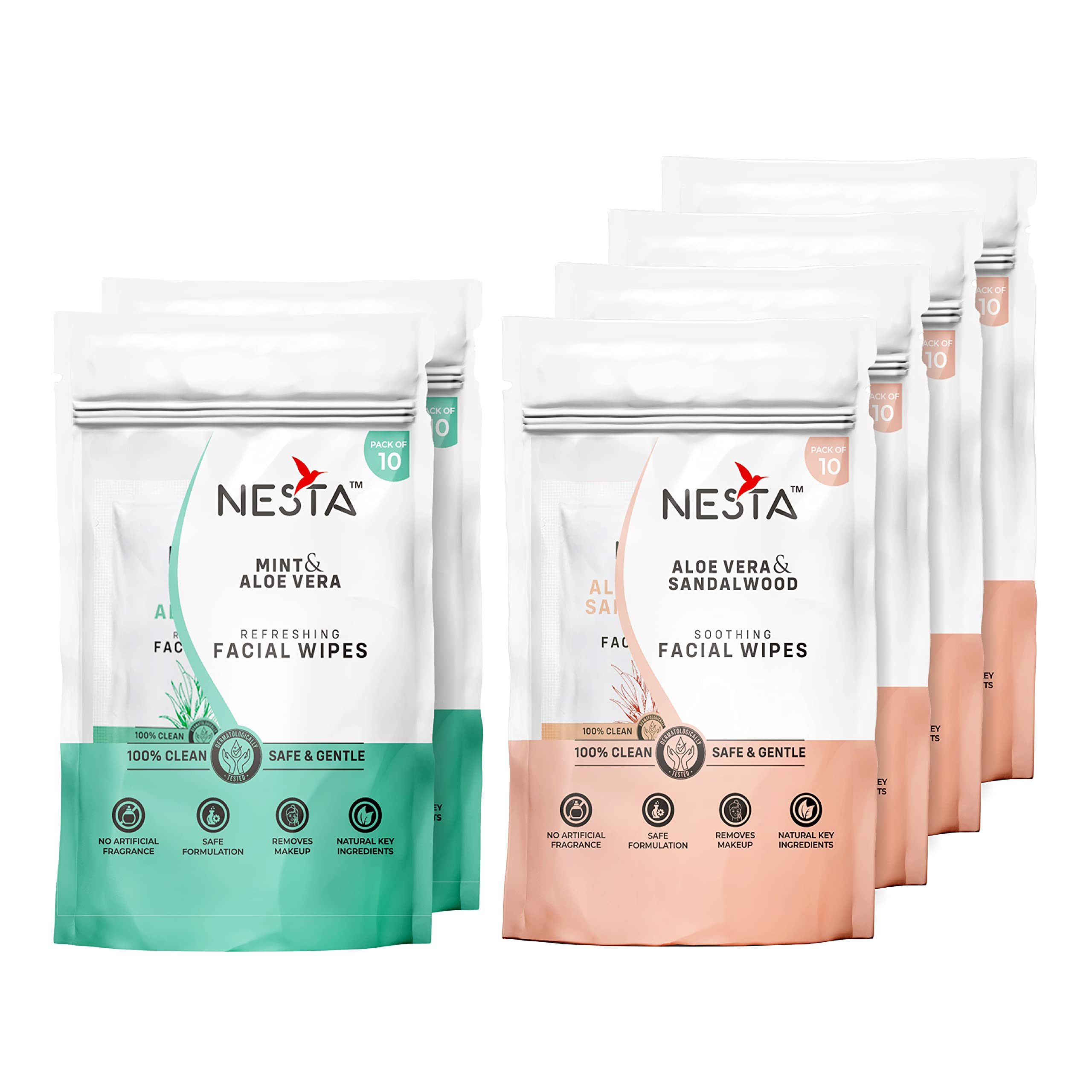 Nesta Refreshing Single Pouch Wet Wipes with Extra Moisturizers - 10-IN-1 Pack, No Artificial Fragrance, Natural Cleansing & Hydrating Face Wipe (Mint 20 Sandalwood 40)-image-5
