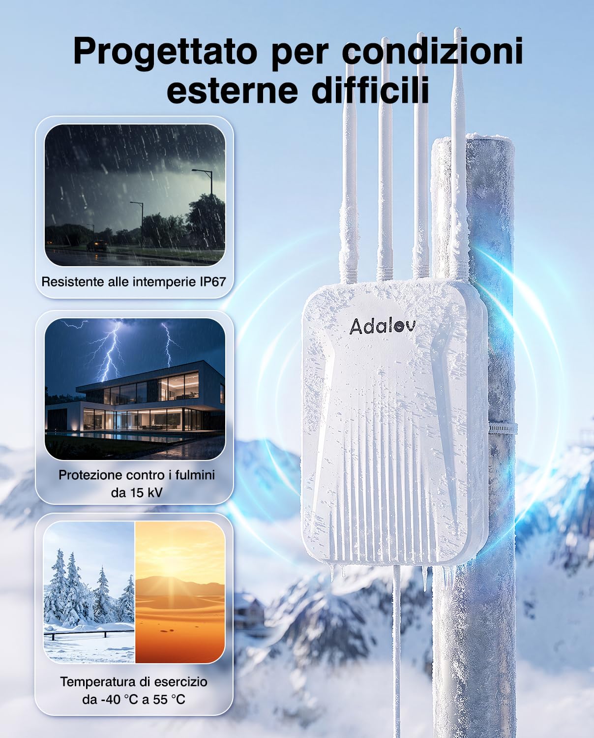 AdaLov AX1800 WiFi 6 Access Point Outdoor, Dual Band 2,4/5 GHz, Gigabit PoE AP, IP65 resistente alle intemperie, MU-MIMO & OFDMA, per casetta da giardino, officina, fattoria