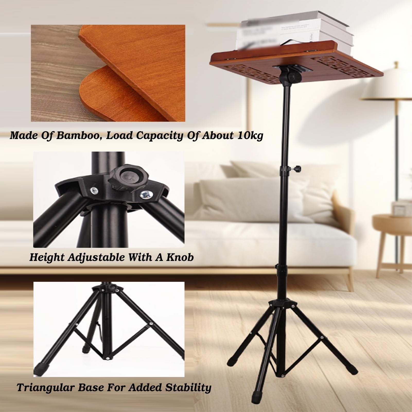 Leggio da terra con graffette, altezza regolabile (52-160 cm), treppiede regolabile a 180° per spartiti musicali o libri