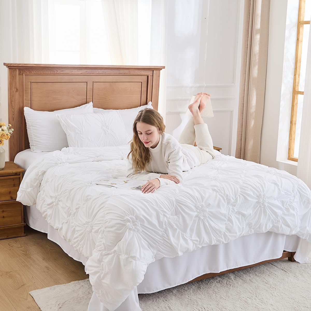 White Comforter Set Queen Size Bed in A Bag 7 Piece Pinch Pleat Bedding Set,Pintuck Ruched Flowers Bed Set with Comforter, Sheets, Pillowcases & Shams - Image 4