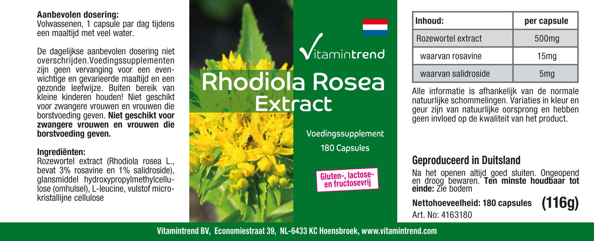 Vitamintrend Rhodiola Rosea Extrakt 500mg Tagesbedarf, 180 Kapseln, schluckfreundlich, hochdosiert, Nahrungsergänzungsmittel vegan ohne Magnesiumstearat, in Deutschland hergestellt