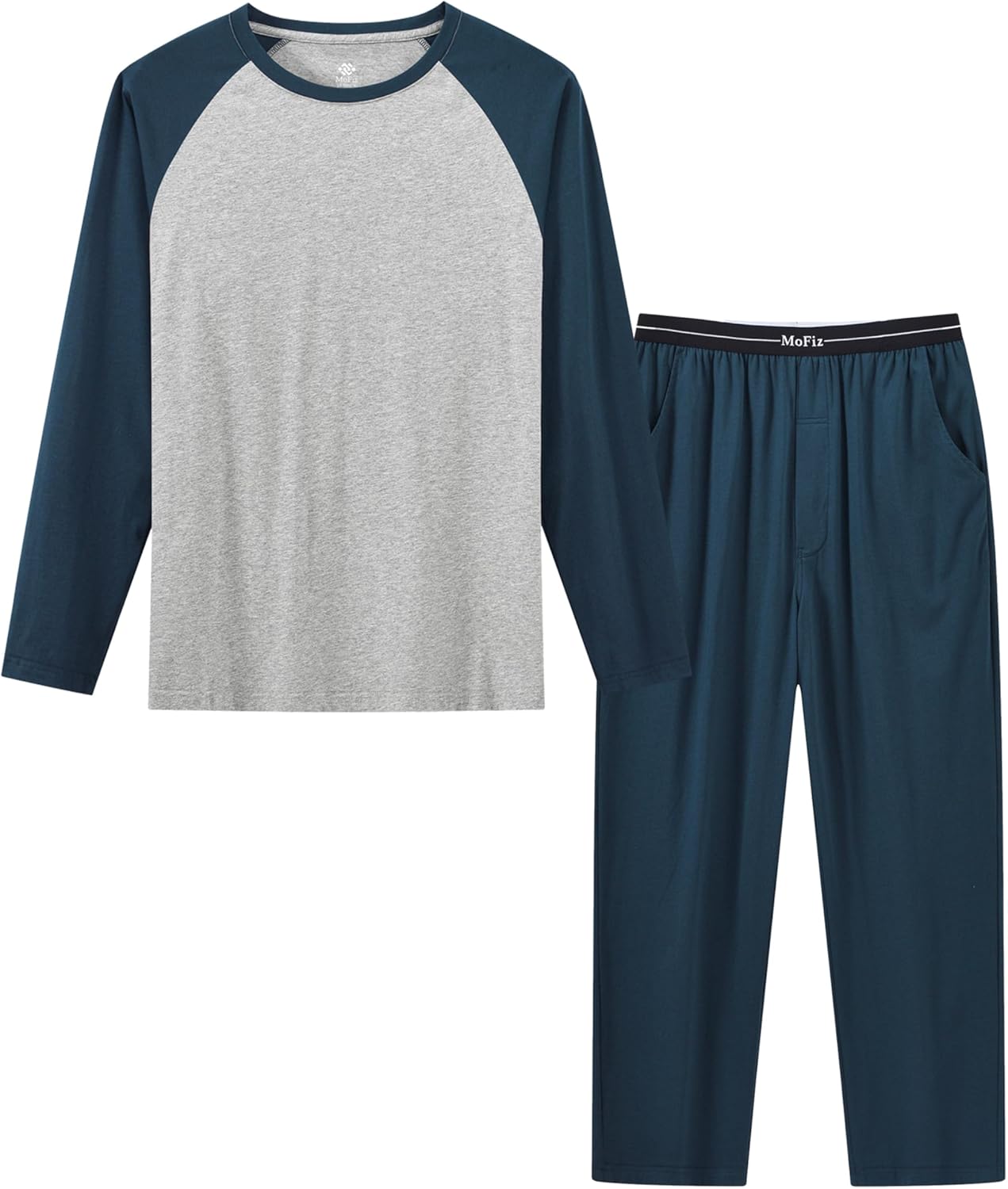 Men's Pajamas Set Soft Cotton Pjs Sets Long Sleeve Pullover Sleepwear Loungewear Set with Elastic Waist & Pockets