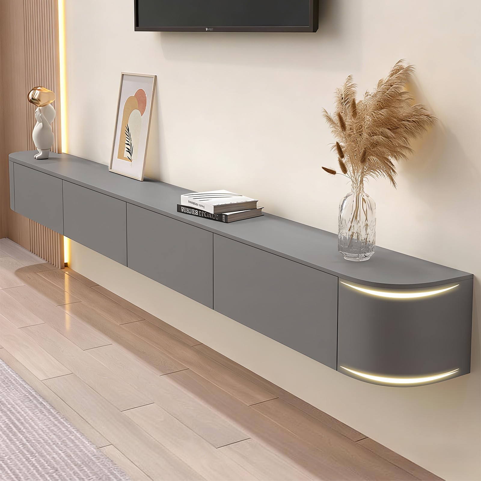 Quvex 110.2" Floating TV Stand Fully Assembled, Wall Mounted Entertainment Center Media Console Cabinet with Curved Edge, Floating TV Console Table