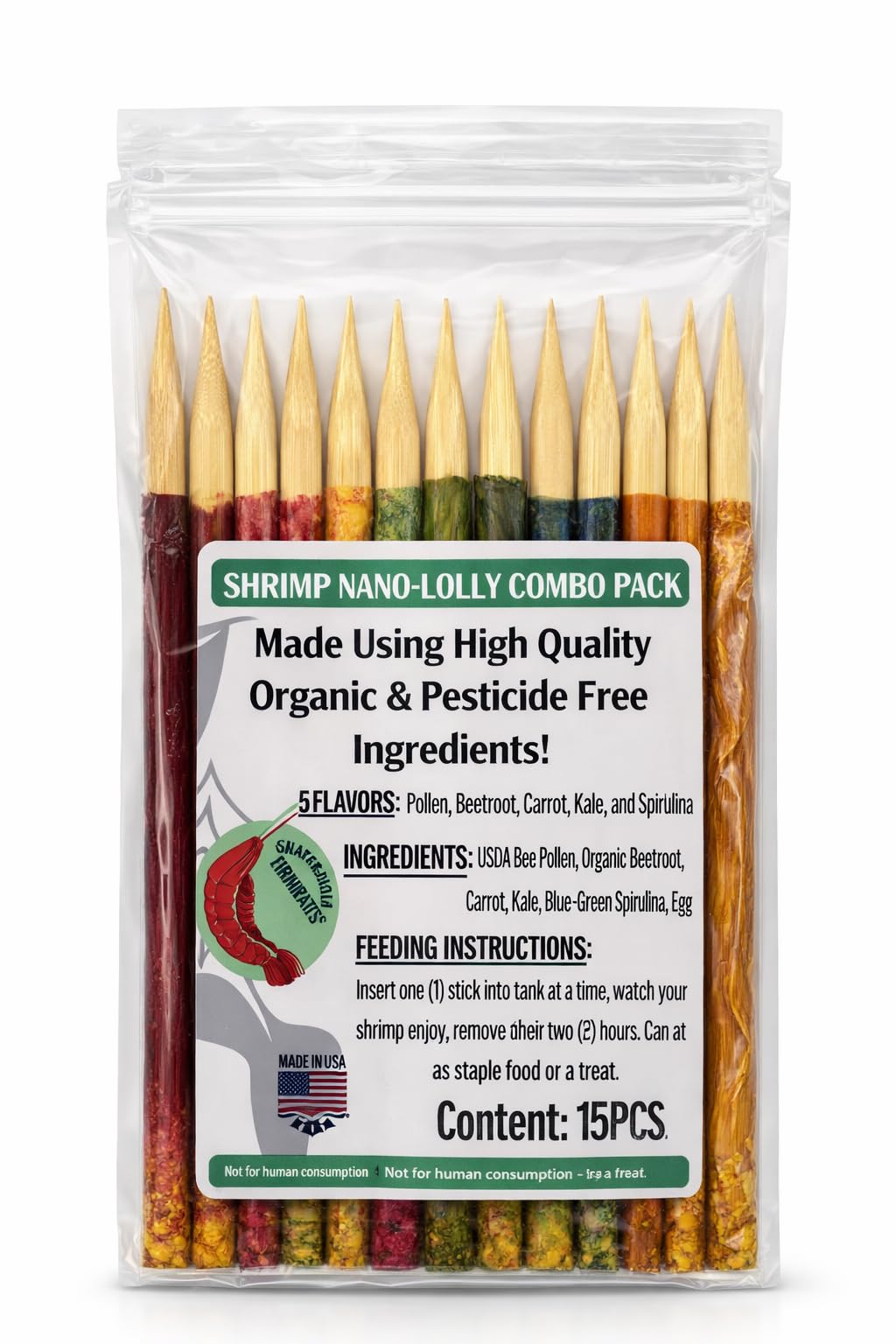 Shrimptastic Aquatics, Nano- Shrimp Lolly Combo Pack, 15 Pack 4-inch Cherry Shrimp Food