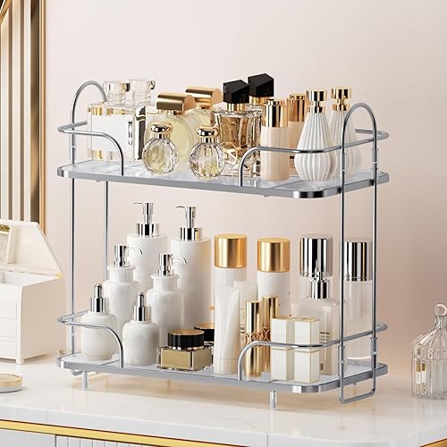 Miniatura 6 de Organizador de esquina de 2 niveles para encimera de baño, organizador cosmético para el cuidado de la piel, bandeja de perfume para encimera de