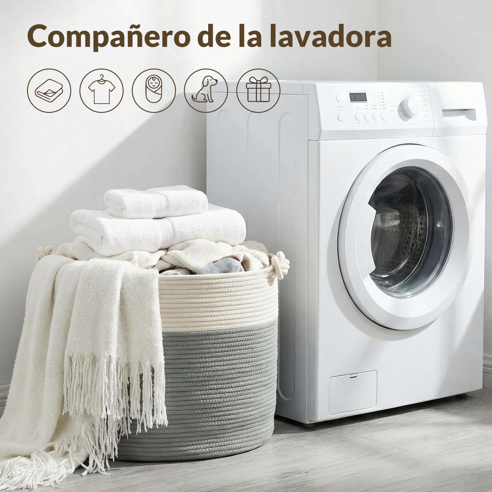 COSYLAND Cesto de Ropa Sucia de Cuerda de Algodón D50 x H35 cm – Cesta para la Ropa Sucia con Asas – Cesto Plegable para Mantas, Juguetes y Lavandería – Blanco Crema y Gris Claro