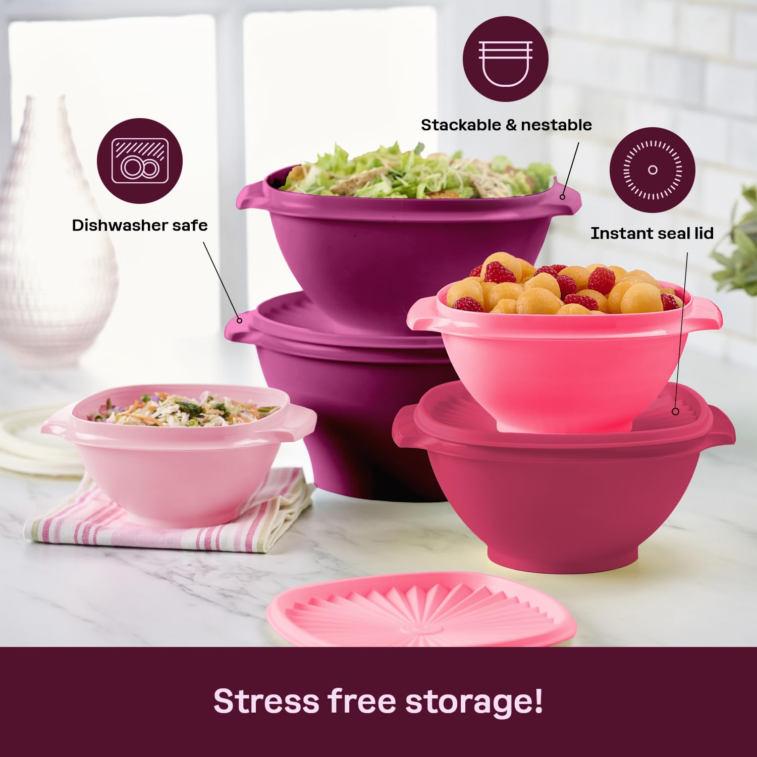 Tupperware Heritage Collection, set di 10 contenitori per alimenti in rosa vintage, lavabili in lavastoviglie e senza BPA (5 ciotole, 5 coperchi)