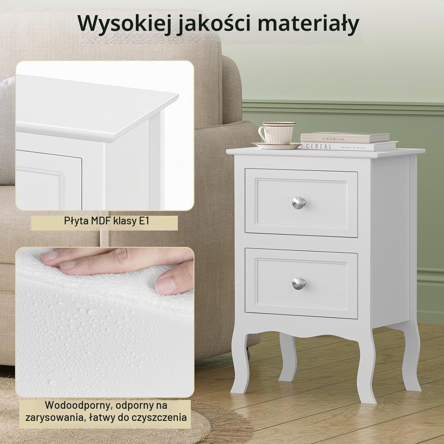 WOLTU Stolik nocny z 2 szufladami, biała szafka nocna do sypialni, salonu, drewniana szafka nocna w stylu barokowym, 40 x 30 x 60 cm, TS119ws