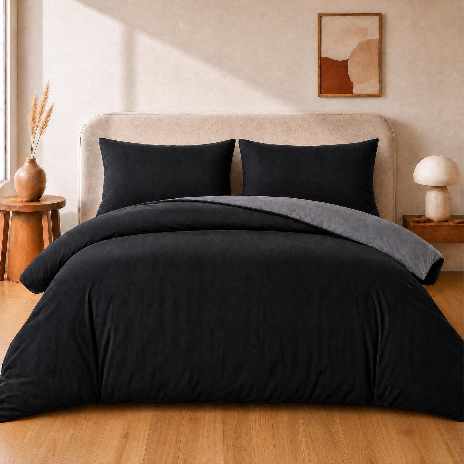 VelvetMis Super King Size Duvet Cover Set - 3Pcs Reversible Bedding Bed Set Black And Dark Grey Superking Microfiber Quilt Cover With 2 Pillowcases 50x75cm