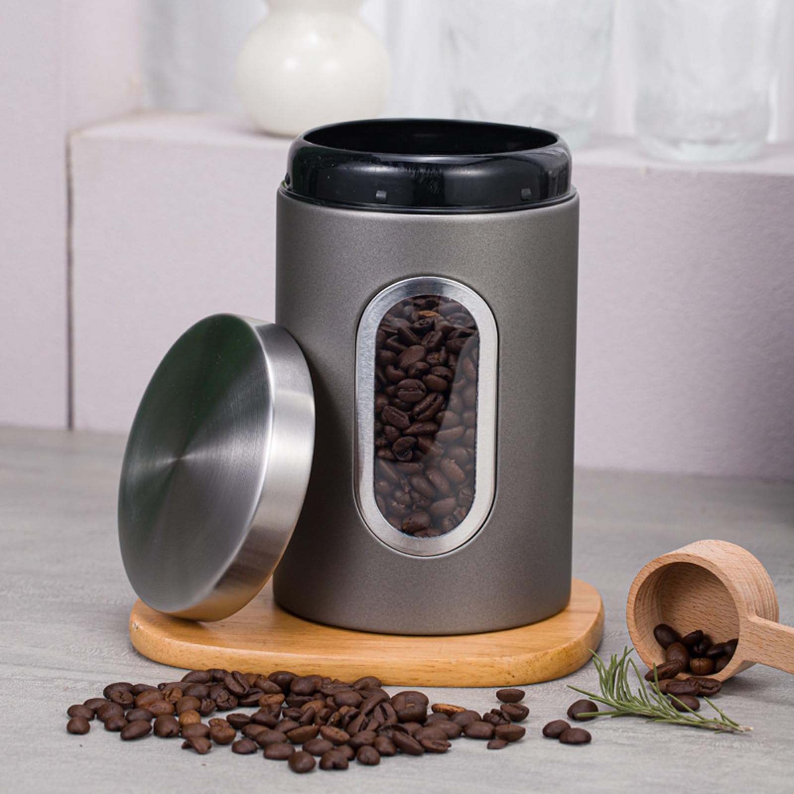 3-teiliges, elegantes, luftdichtes, transparentes Fenster Set für Kaffee und Zuckerdosen aus Edelstahl, für die Organisation von Vorratsdosen mit transparentem Fenster