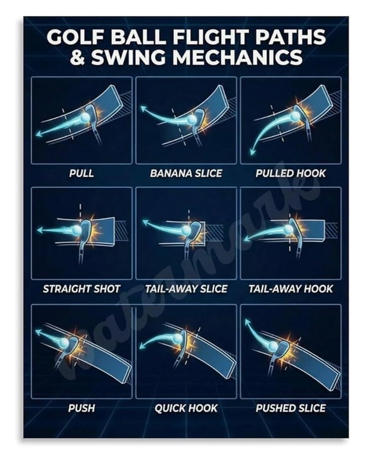 MDBJTCYZN Instruction Poster Ball Flight Paths Explained with Swing Mechanics Chart Game Improvement Wall-Art(Framed,16x24inch(40x60cm))