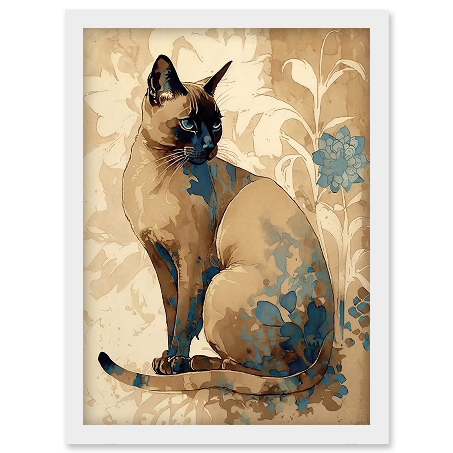 Artery8 Tonkinese Cat with Blue Flower Modern Watercolour Illustration Artwork Framed Wall Art Print A4