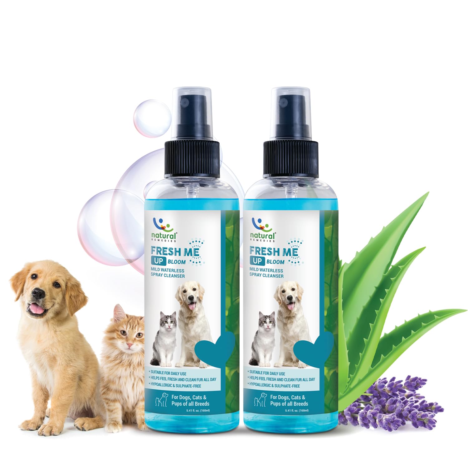 Natural Remedies Fresh Me Up Bloom Mild Waterless Spray Cleanser for Dogs & Cats of All Breeds, Odor Control, Deep Cleans, Hydrates, Pet Grooming Shampoo, Lick Safe, Hypoallergenic, 160ml (Pack of 2)