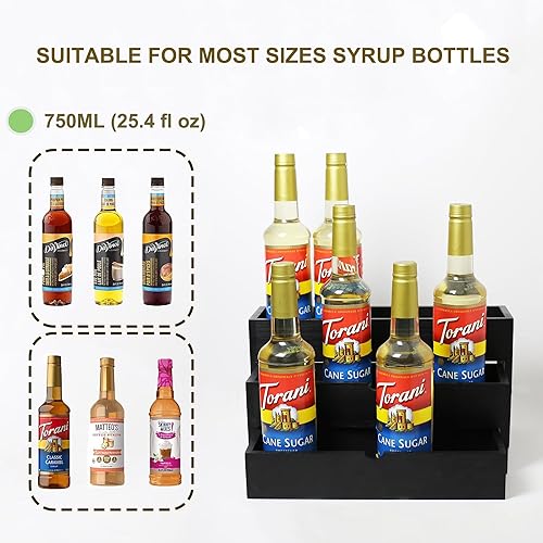 Miniatura 4 de Organizador de jarabe de café de madera negra, soporte de botella separado de 3 niveles para barra de café, soporte de almacenamiento de 12 botellas