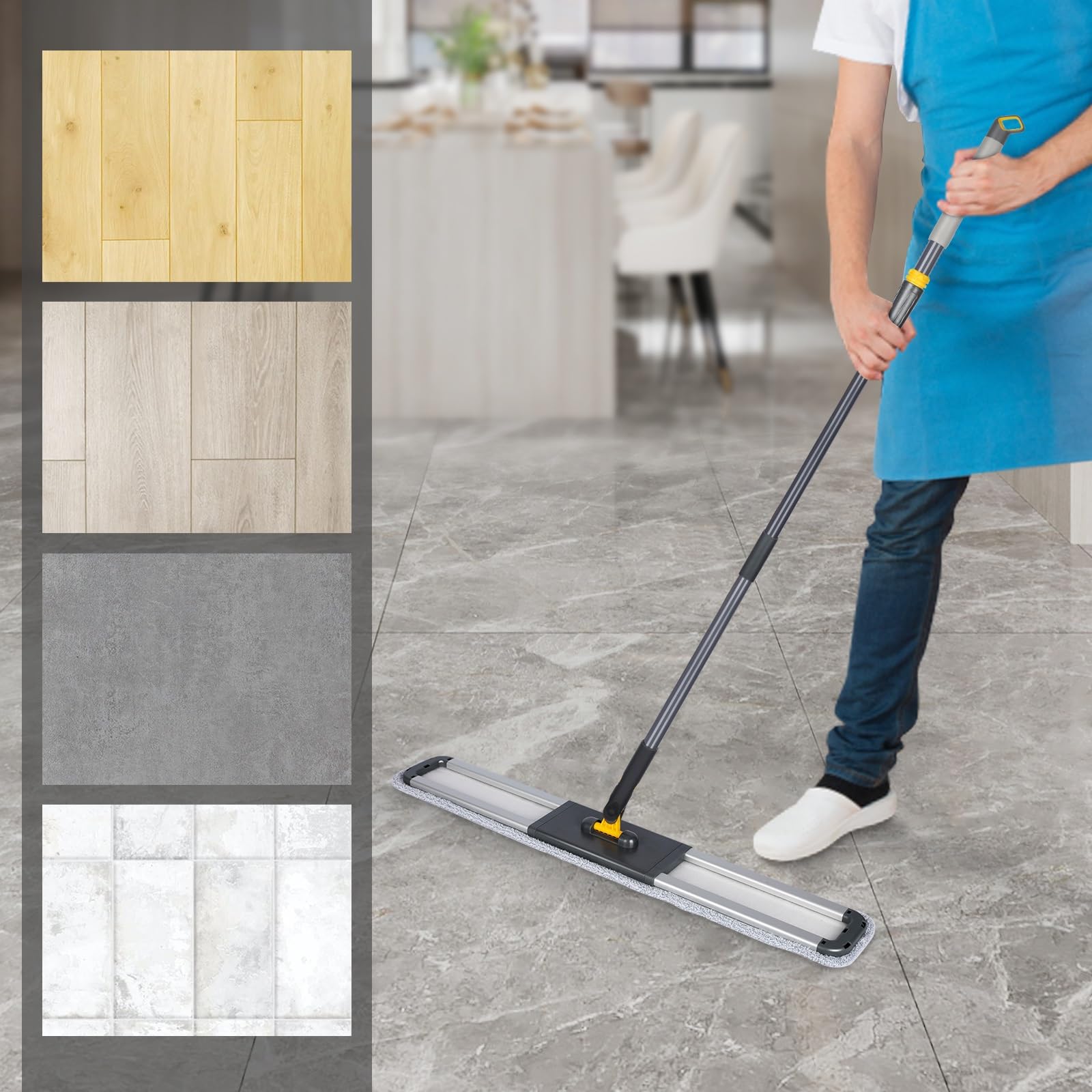 Fregona Grande Plana, Mopa para Limpiar con Manico Telescopico, Fregona Industrial de Suelo Profesional con 3 Tamponi in Microfibra en Seco y en Húmedo, 80*11*154cm