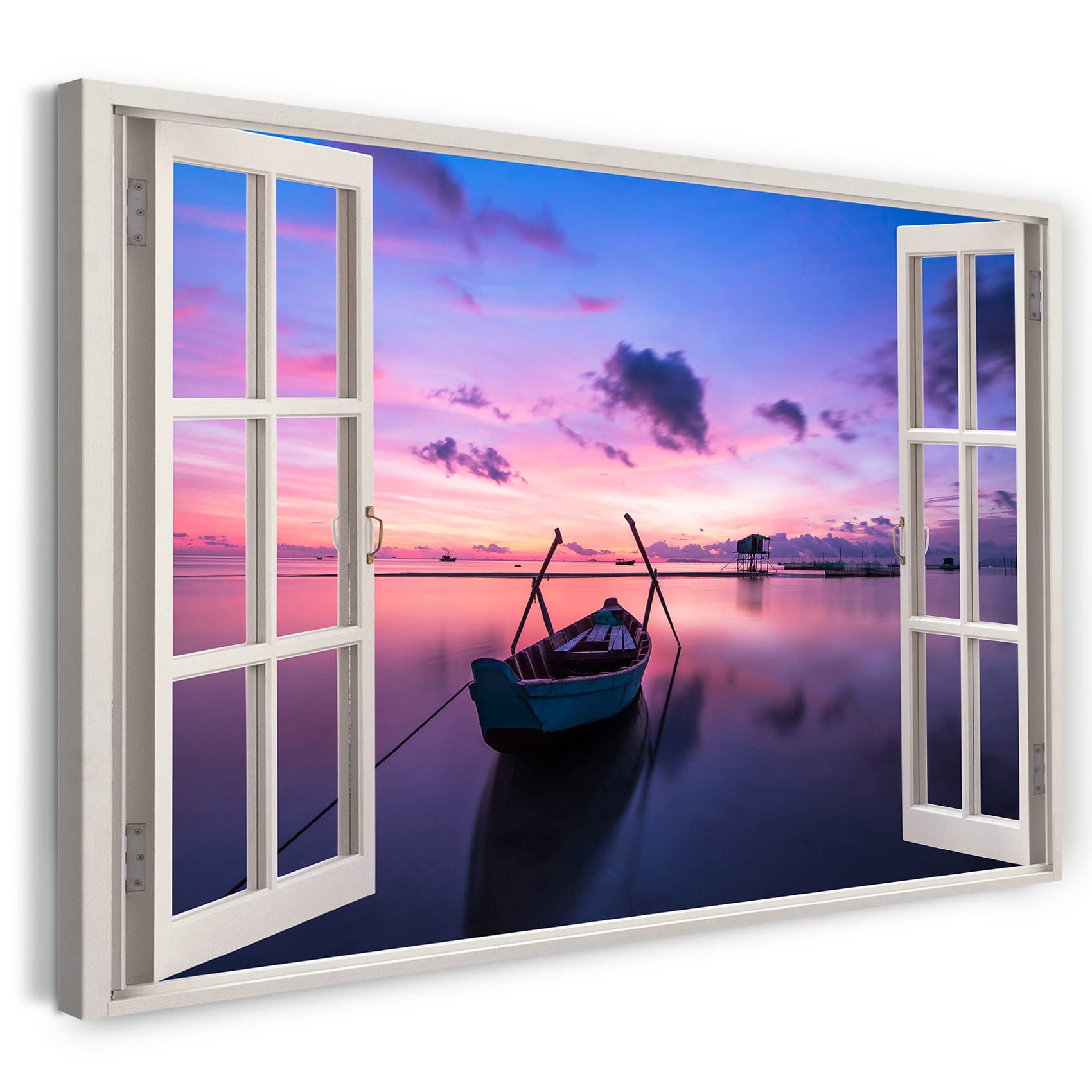 Print on Canvas (100x70 cm) view from the window - boat at dawn water lake reflection nature - nature photography, real wood frame with hook
