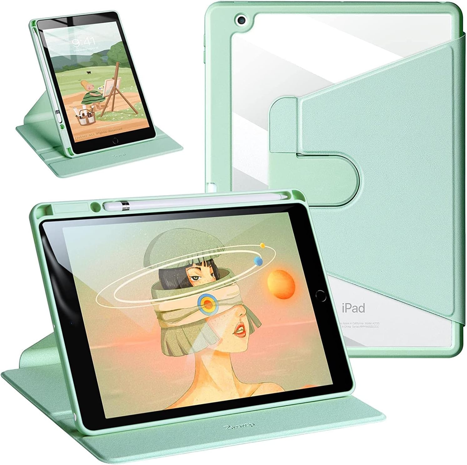 Ztotop Rotating case for iPad 10.2 Inch, 360 Degree Rotating & Pencil Holder & Clear Transparent Back, Slim Smart Cover with Auto Wake/Sleep for iPad 9th/8th/7th Generation, Green
