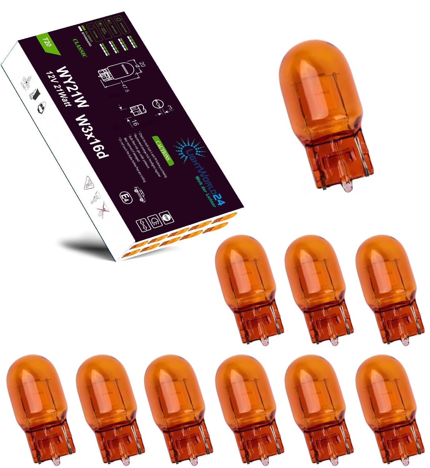 LIGHTWORLD24 10 x WY21W T20 Blinkerlampe Blinkerbirne 12V orange gelbe Glassockel Lampe W3X16D Auto Lampe 21W Birne Blinker Glühbirne 21 Watt