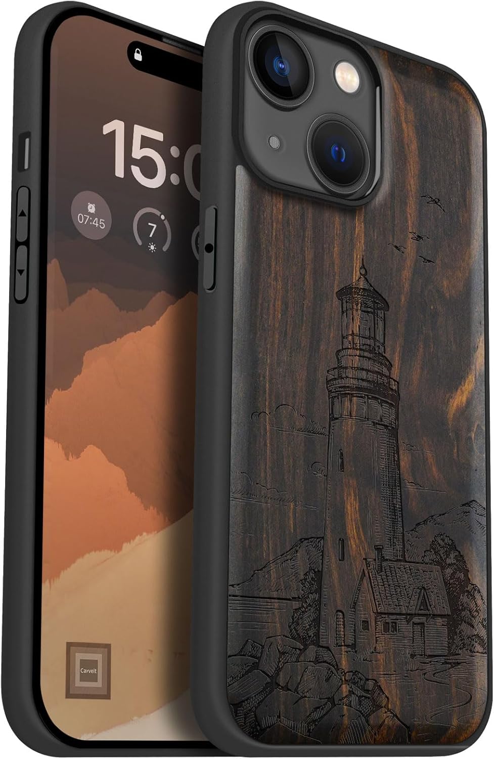 Carveit Magnetic Wooden Case for iPhone 15 Case, Compatible with MagSafe Wireless Chargers, Black Soft TPU Shockproof Cover & Wood Artisan Engraved (Lighthouse) - Blackwood