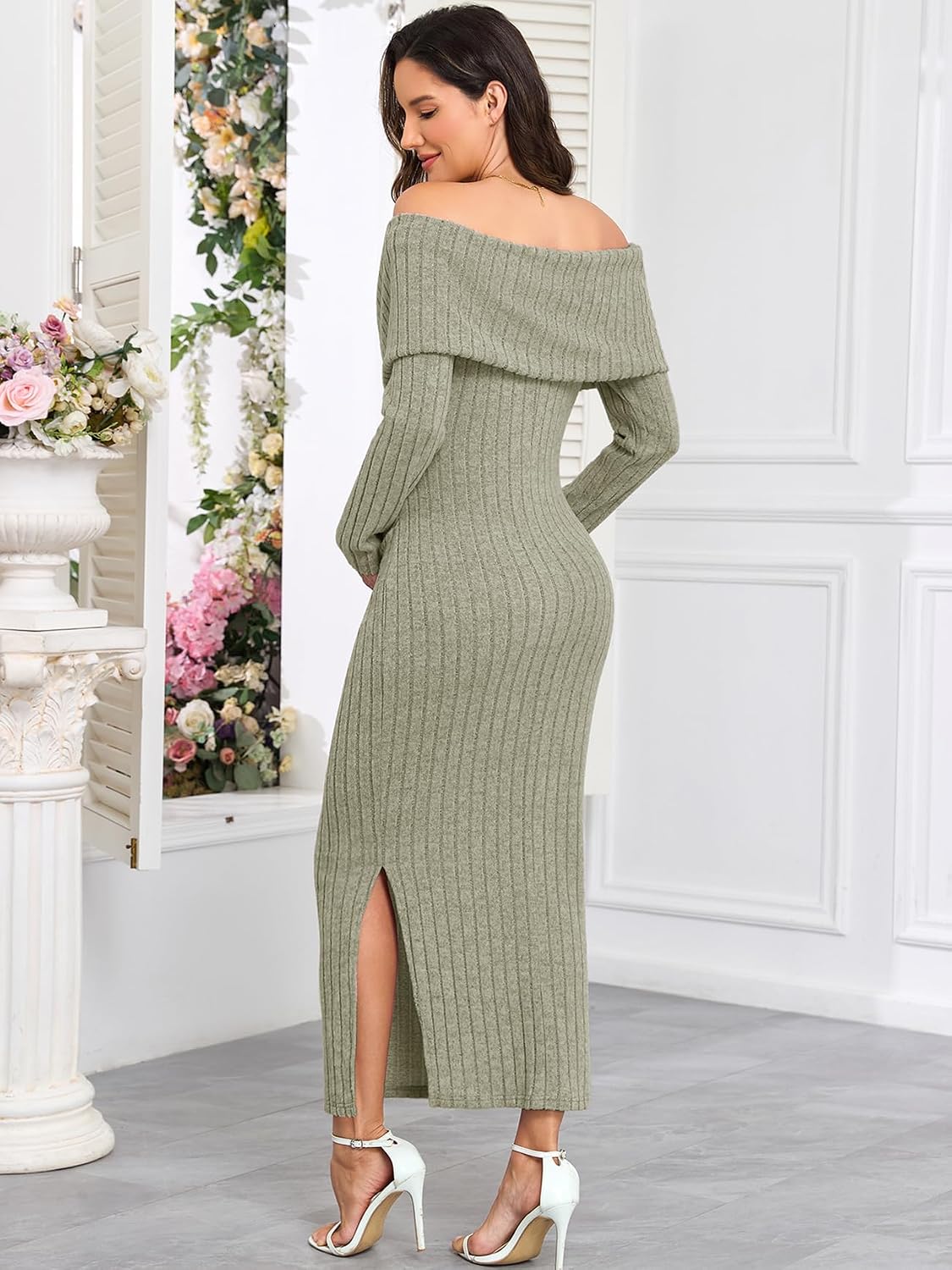 AISWI Maternity Sweater Dress Off The Shoulder Rib Knit Long Sleeve Dresses with Side Slit for Pregnancy Baby Shower, Sage Green, XX-Large