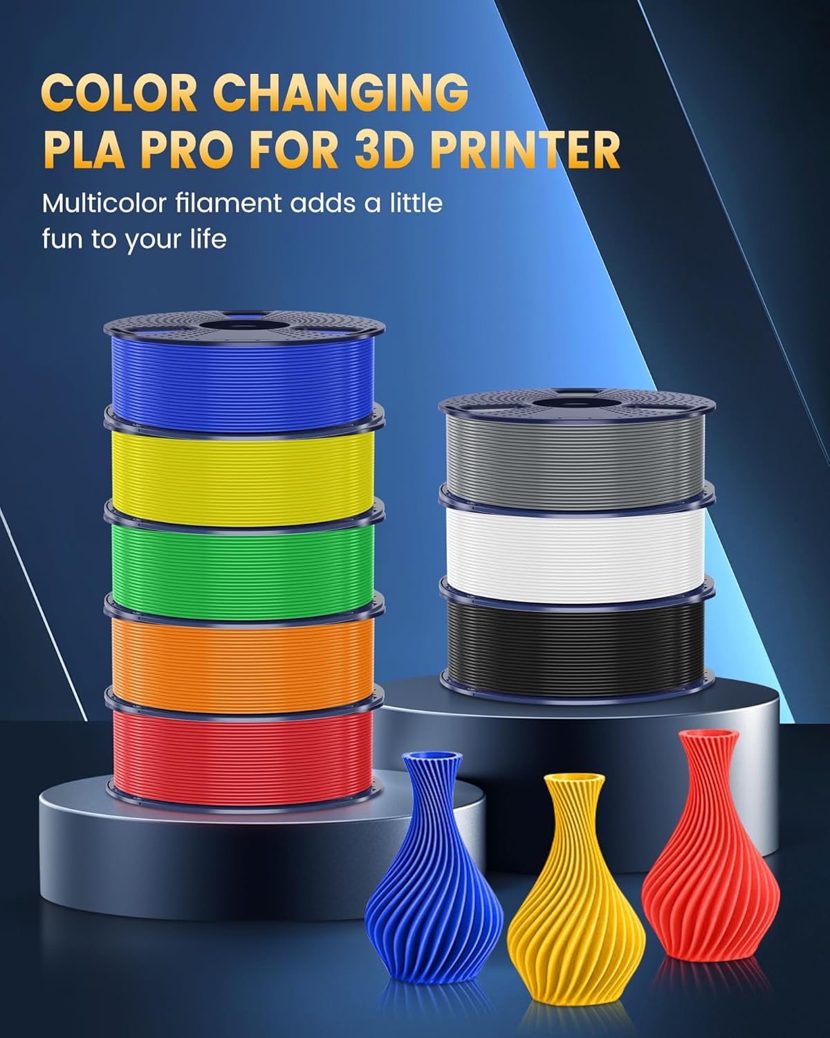SUNLU Paquete de filamento PLA+ de 1.75 mm, filamento 3D PLA+2.0, empaquetado individualmente al vacío, carrete de 250 g, 8 rollos, 2 kg en total, negro, blanco, gris, rojo, azul, amarillo, naranja,