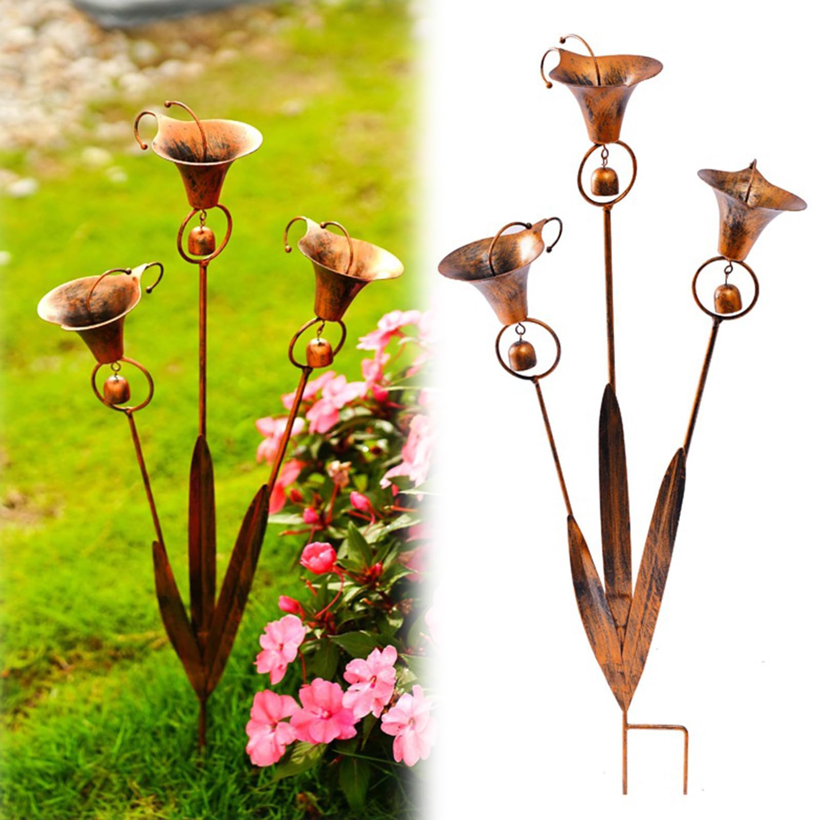 Flamed Copper Three Calla Lilies Garden Stake with Bells, Metal Flower Yard Art Decor, Outdoor Wind Bell Stake for Lawns, Patios & Garden, Rustic Handmade Wind Chime Ornament Gift