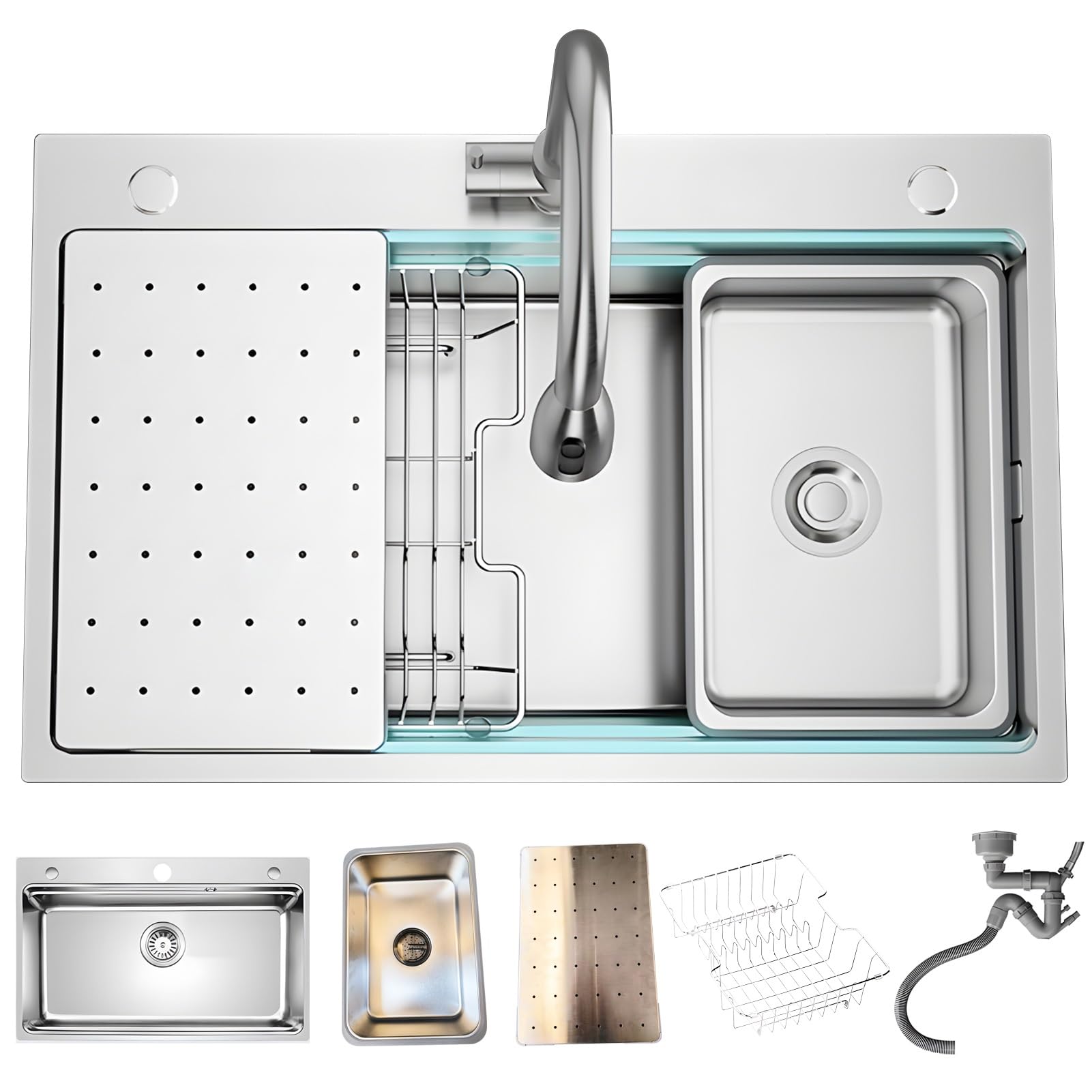 ZQFHSX Silver Finish Kitchen Sink, Single Bowl 50cm Deep 3 Hole Stainless Steel Multifunctional Sink with Drain Basket, Basin, Siphon, Overflow – Easy Install, Drop in/Topmount(80x50cm)