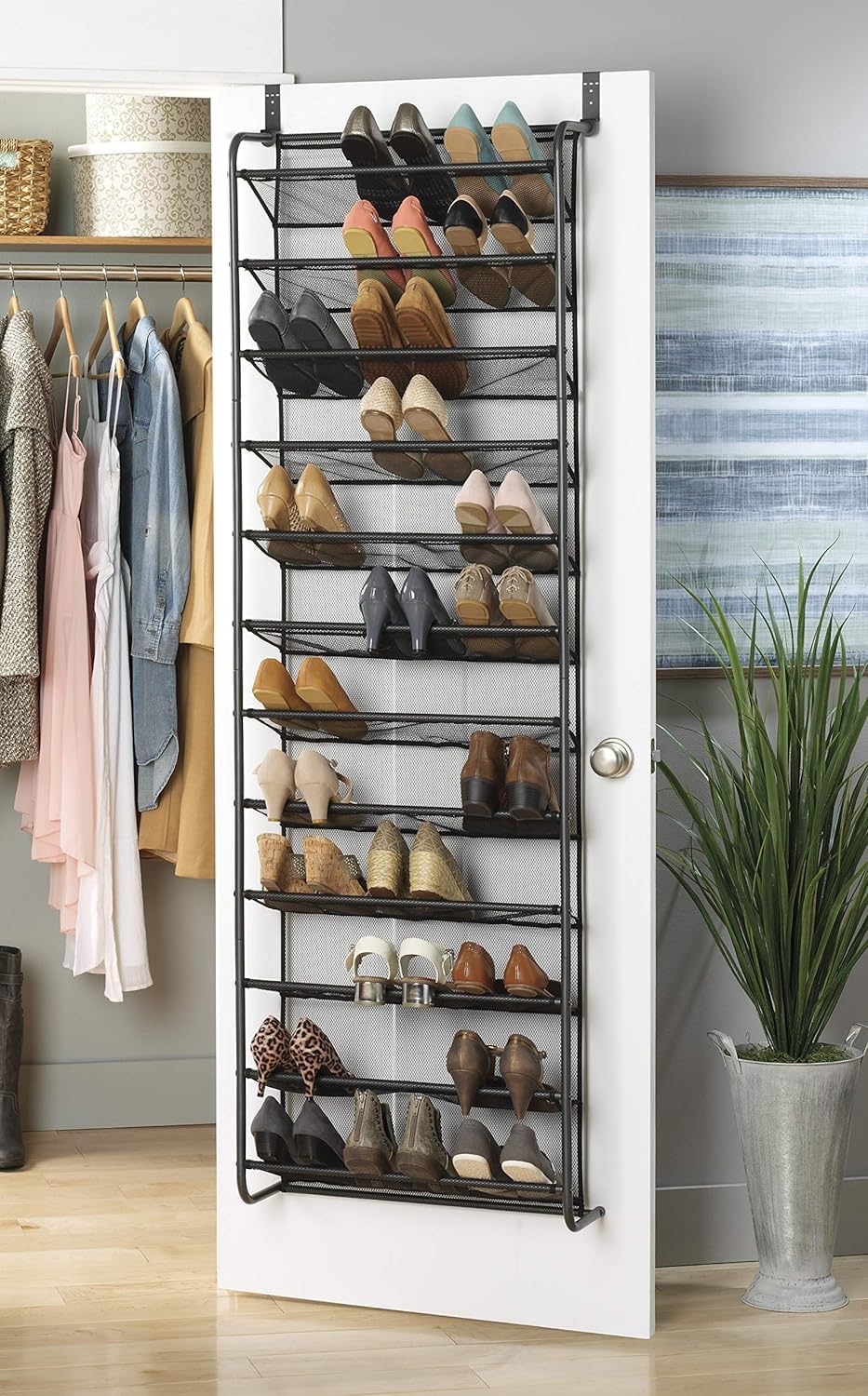 Plexon Over The Door Shoe Rack, 36 Pair, 69" H x 21.6" W x 7.5" L, Metal Gray