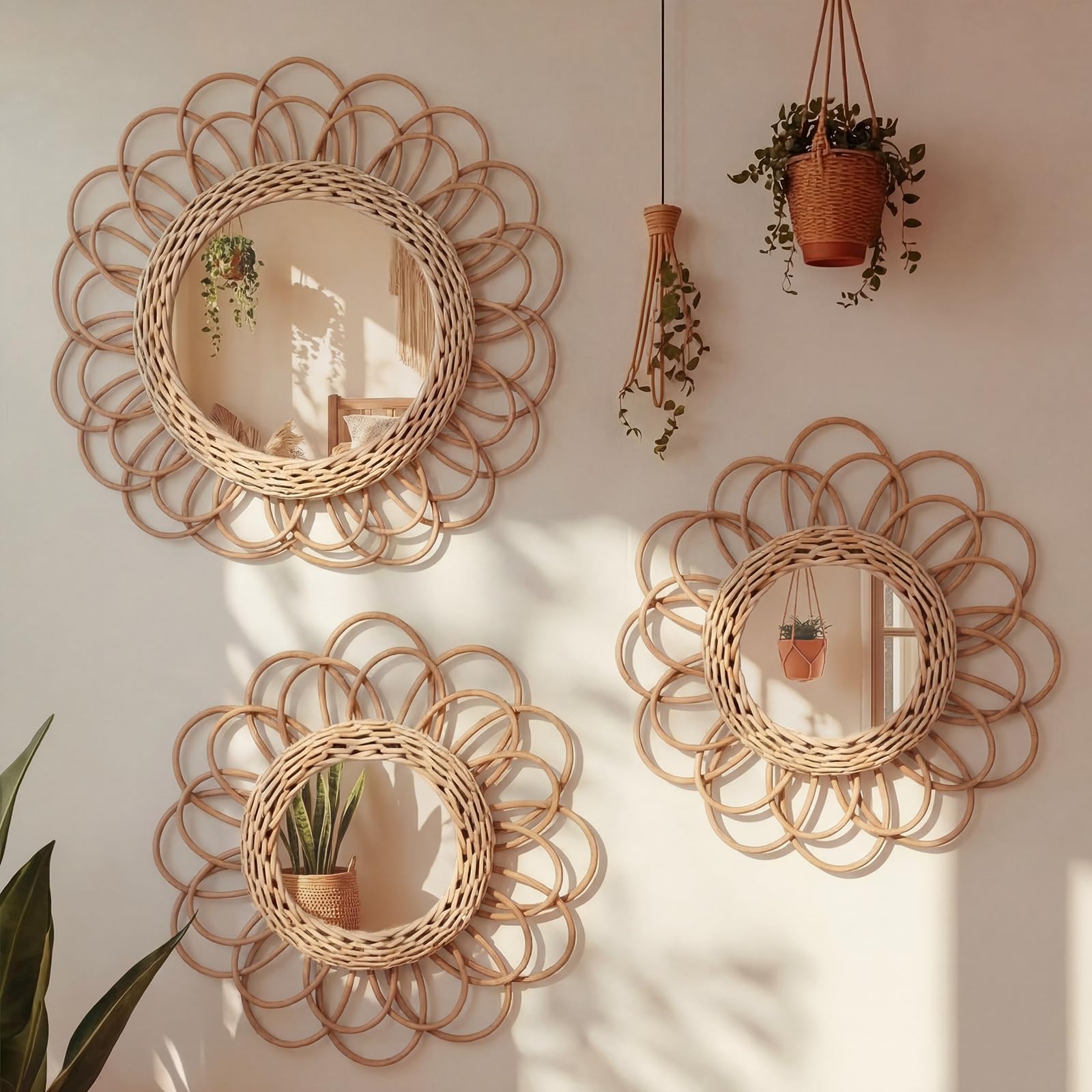 Photo 1 of Vercraft 3 Pack Boho Rattan Mirror Wall Hanging Wicker Flower Decor