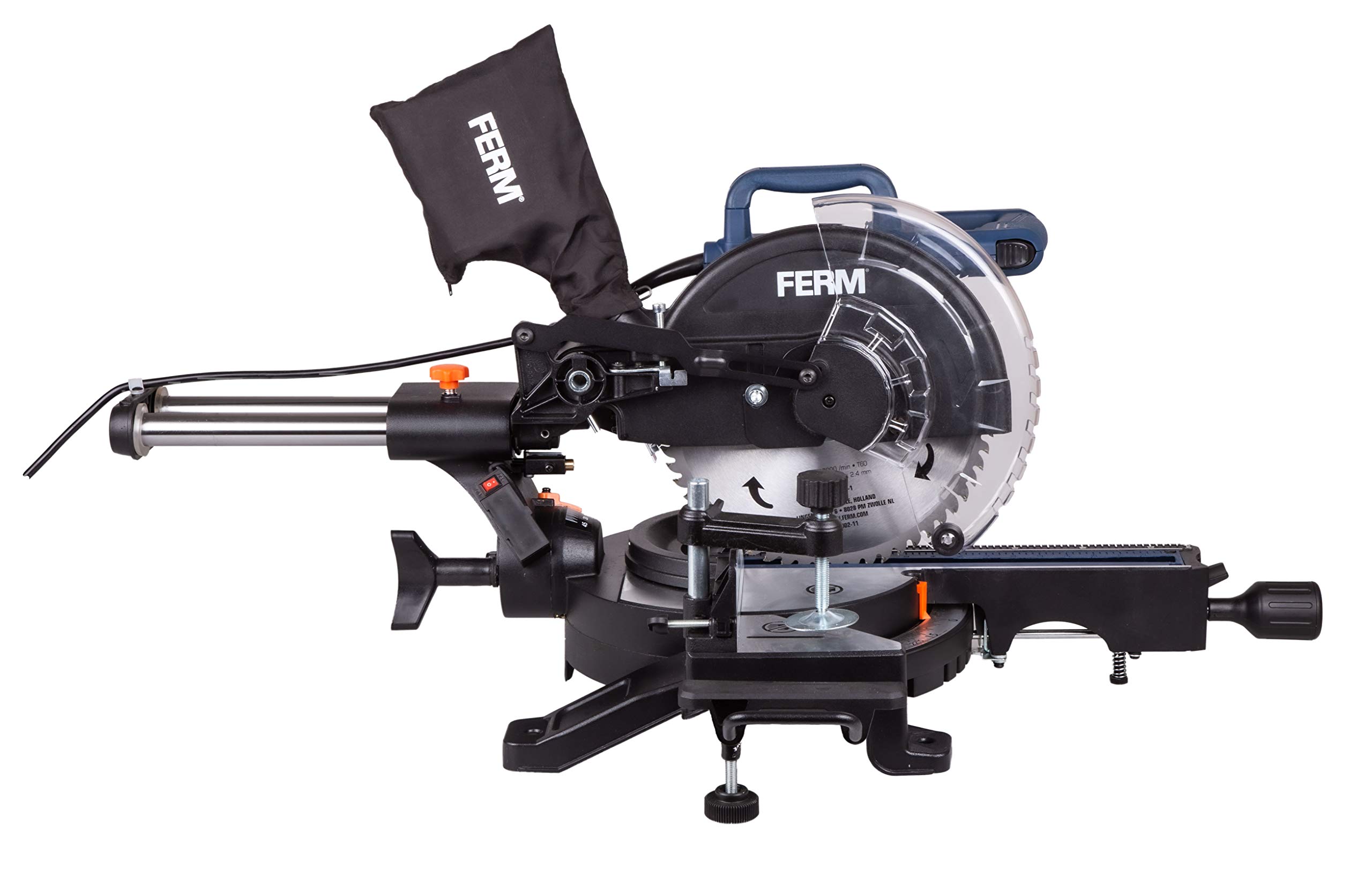 FERM Troncatrice radiale 1900W, diametro Ø254 mm con Guida Laser. Include lama 60T TCT, estensioni da tavolo, morsetto e sacchetto di raccolta polvere