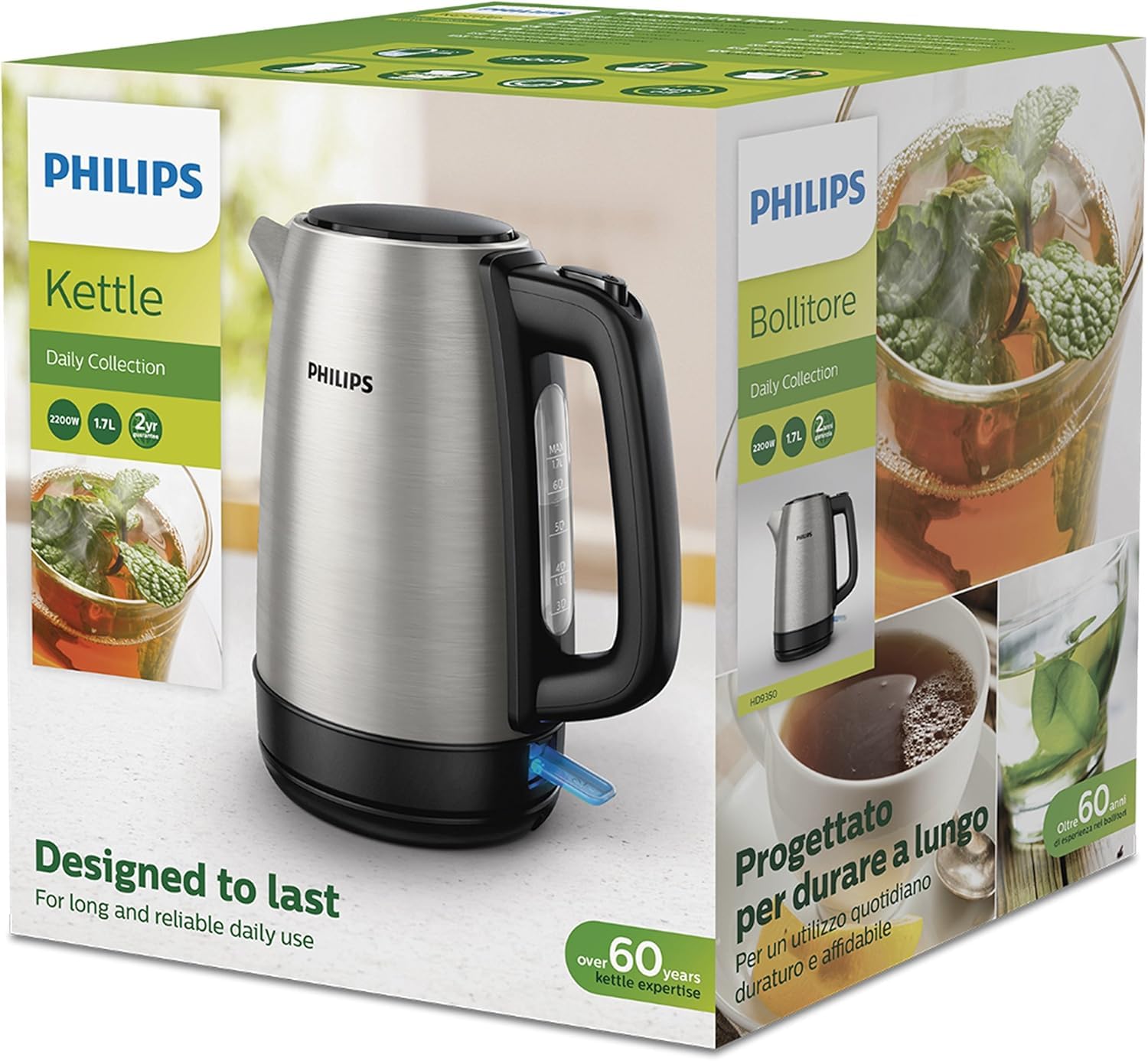 Philips Daily Collection Çelik Su Isıtıcı - 1.7L, 2200W, Işıklı Gösterge, 360° Döner Taban, Mikro Gözenekli Filtre, Yassı Isıtma Yüzeyi, Yaylı Kapak, Enerji Tasarruflu, Güvenli Tasarım (HD9350/90)