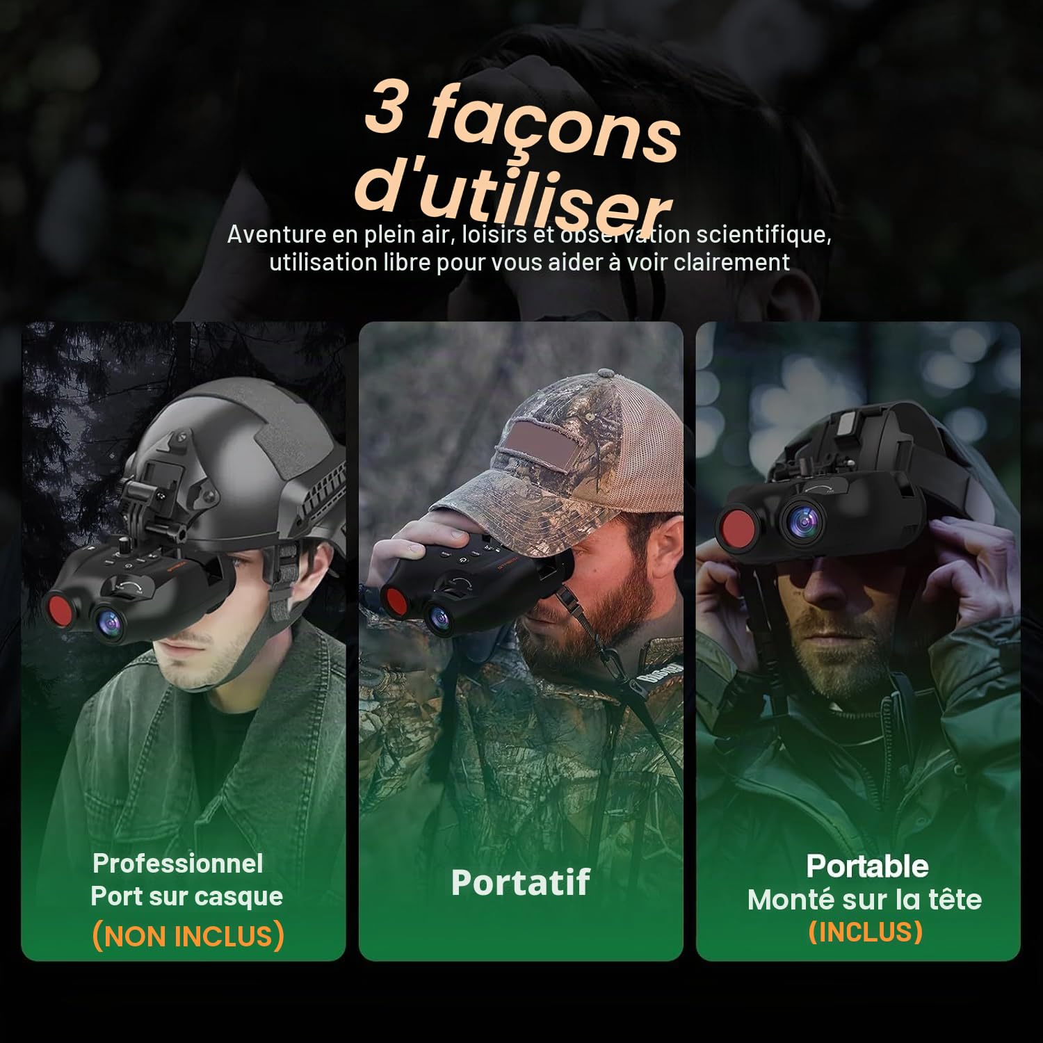 Lunettes de vision nocturne montées sur la tête, jumelles infrarouge numérique mains libres FHD, enregistrent des vidéos 1080p et photos 10 m, zoom numérique 5x