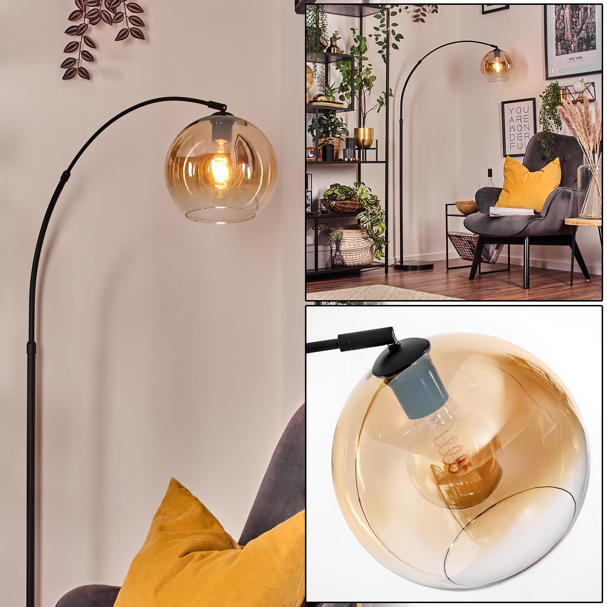 HOFSTEIN Stehleuchte Koyoto, Stehlampe aus Metall/Glas in Schwarz/Bernstein/Klar mit Marmorfuß, verstellbare Leuchte im Retro-Design (Schirm Ø 25 cm), Fußschalter, E27, Wohnzimmer, Schlafzimmer, Flur