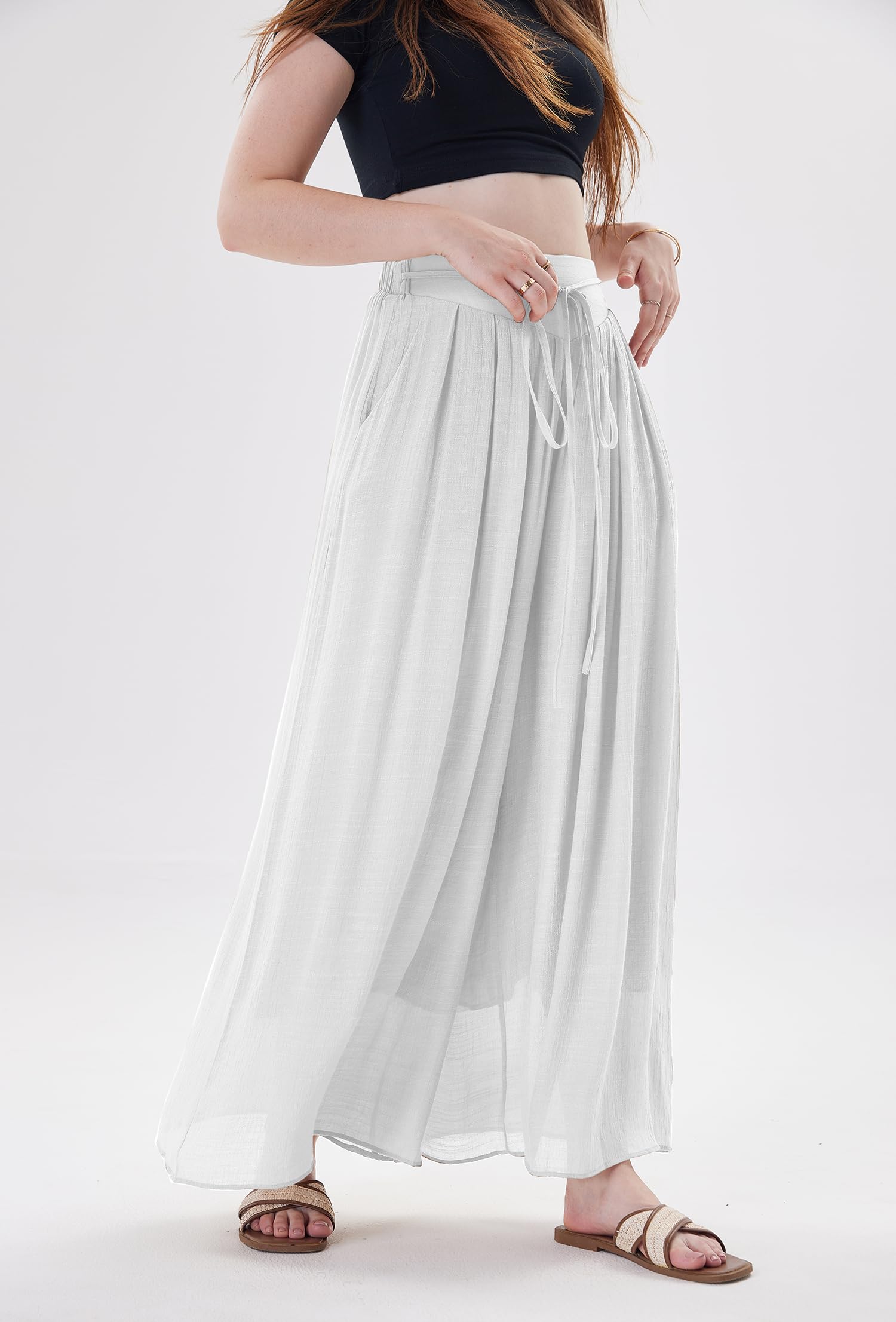 Fakanhui Pantaloni a palazzo da donna in lino, estivi, a gamba larga, a vita alta, casual, eleganti, da salotto