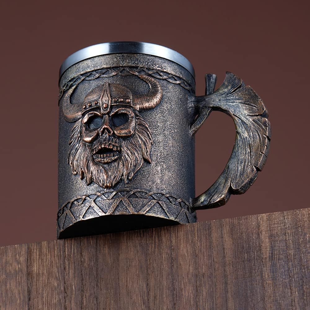Arola Viking Axe Mug, Stainless Steel Horn Beer Cup, Viking Warrior Skull Cup Tankard, Drinking Cup Coffee Beer Steins,Medieval Skull Drinkware Mug for Coffee/Beverage/Juice17oz Gift for Men