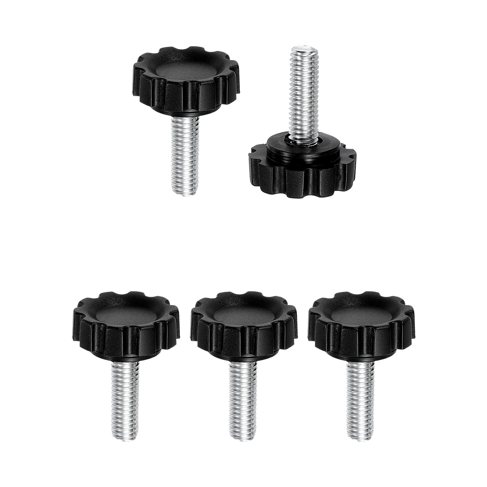 sourcing map 5 Pcs Knurled Knobs Clamping Handles M6 x 20mm Metric Male Thread Carbon Steel Hand Tightening Screws Threaded Stud Knob Bolts for Woodworking Jigs, Black
